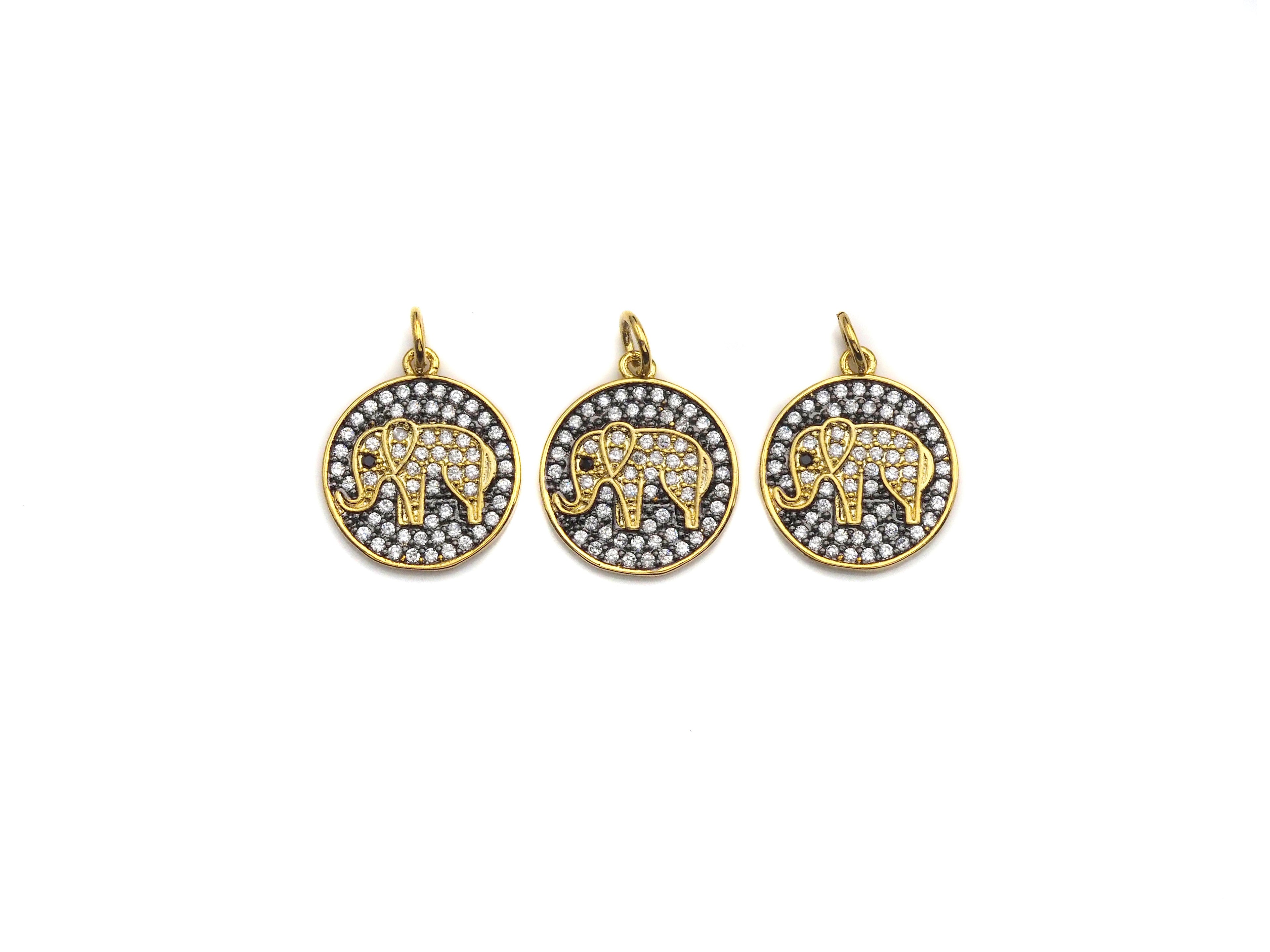 CZ Clear Micro Pave Elephant On Round Coin Pendant, Round Shaped Pave Pendant, Gold plated, 15mm, Sku#Z1014