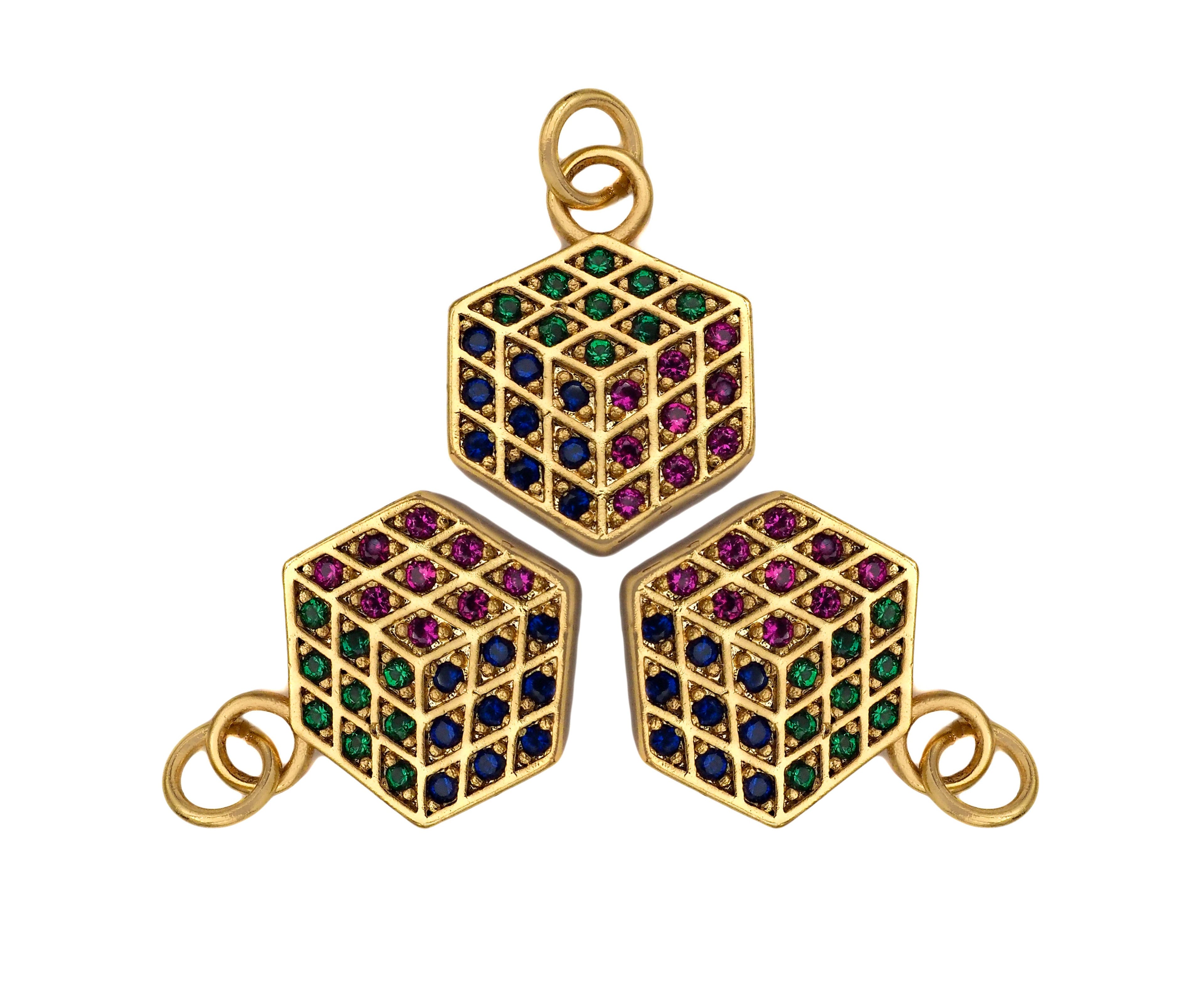 Colorful CZ Micro Pave Dainty Gold Rubik's Cube Charms, Gold Charm Pendant, Rubik's Cube Shape Necklace Charms, 12x17mm, Sku#F1335