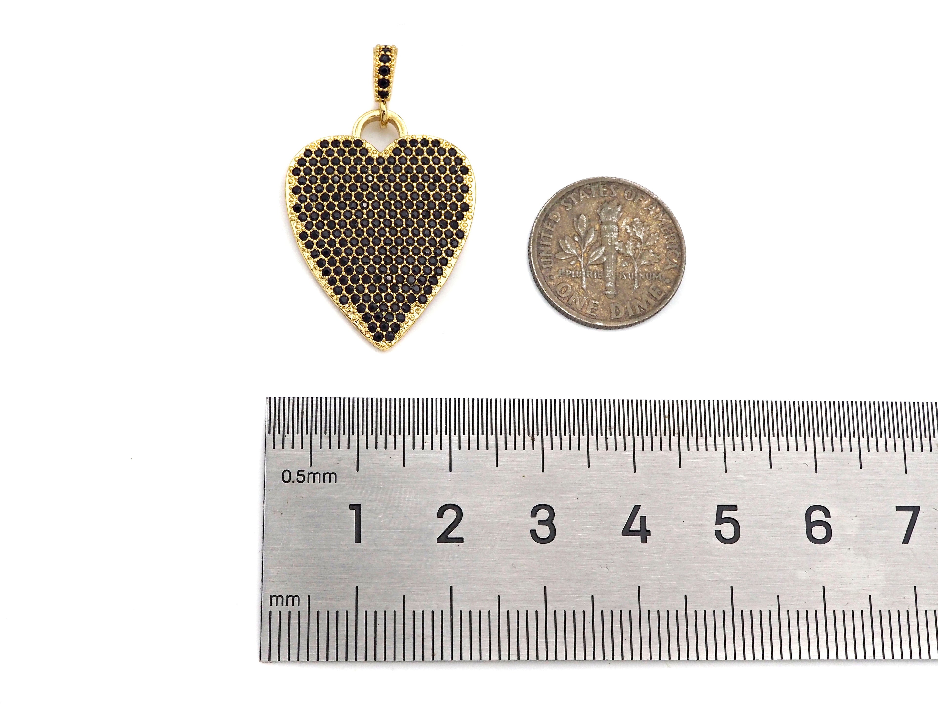 CZ Micro Pave Black Heart Charms, Dainty Gold CZ Heart Pendant, Heart Necklace Charms, 22x28mm, Sku#Z1247