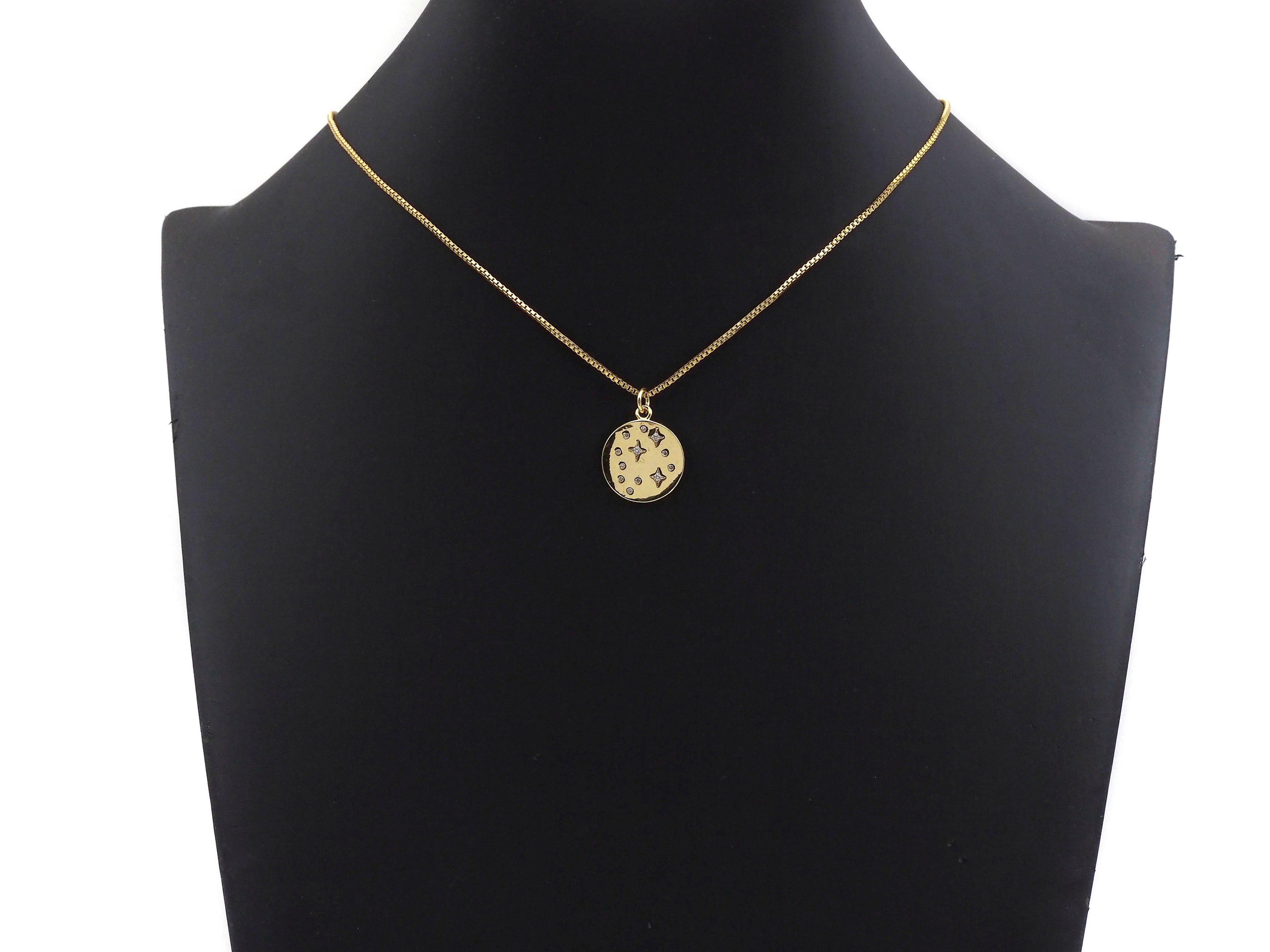 North Star on Disc Round Coin Pendant,North Star Cubic Zirconia Pendant, Silver/Gold Plated,16x19mm,Sku#F1267