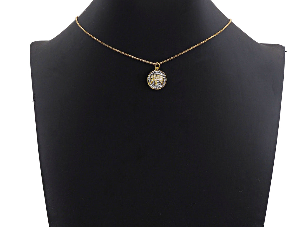 CZ Clear Micro Pave Elephant On Round Coin Pendant, Round Shaped Pave Pendant, Gold plated, 15mm, Sku#Z1014
