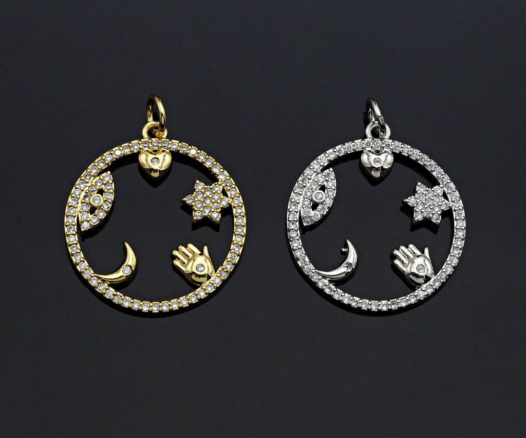 CZ Micro Pave Evil Eye Hand Star On  Round Ring Pendant , 21x23mm, Cubic Zirconia Round Ring Pave Pendant Beads, Pave Charm, SKU#F1188