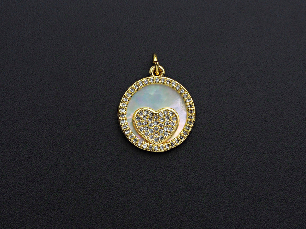 Clear CZ Micro Pave Heart on Mother-of-pearl Pendant Charm, Cubic Zirconia Charm,  Heart Charm, Pearl Charm,15mm,sku#Z913