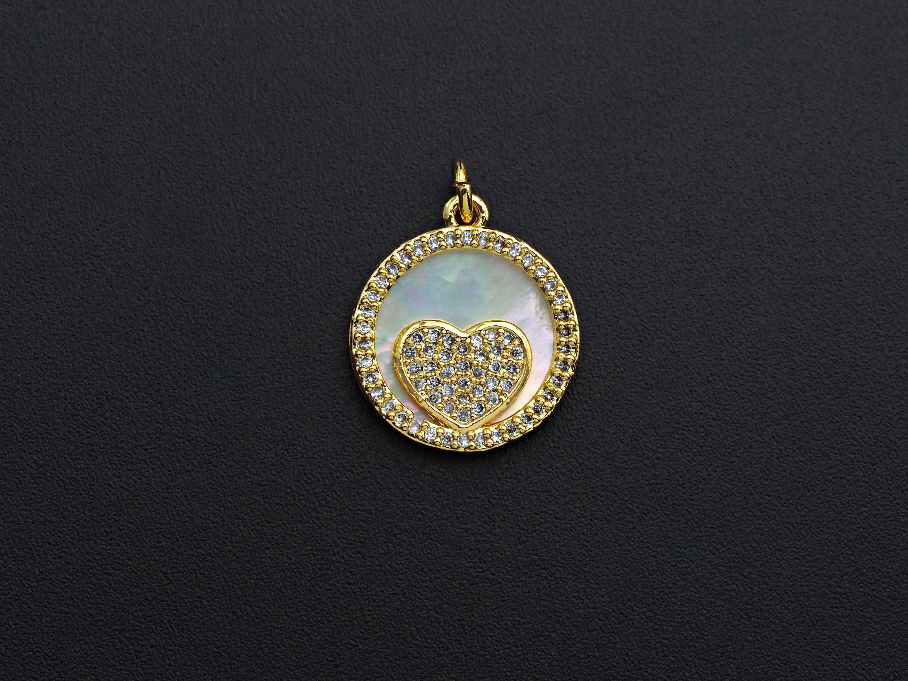 Clear CZ Micro Pave Heart on Mother-of-pearl Pendant Charm, Cubic Zirconia Charm,  Heart Charm, Pearl Charm,15mm,sku#Z913