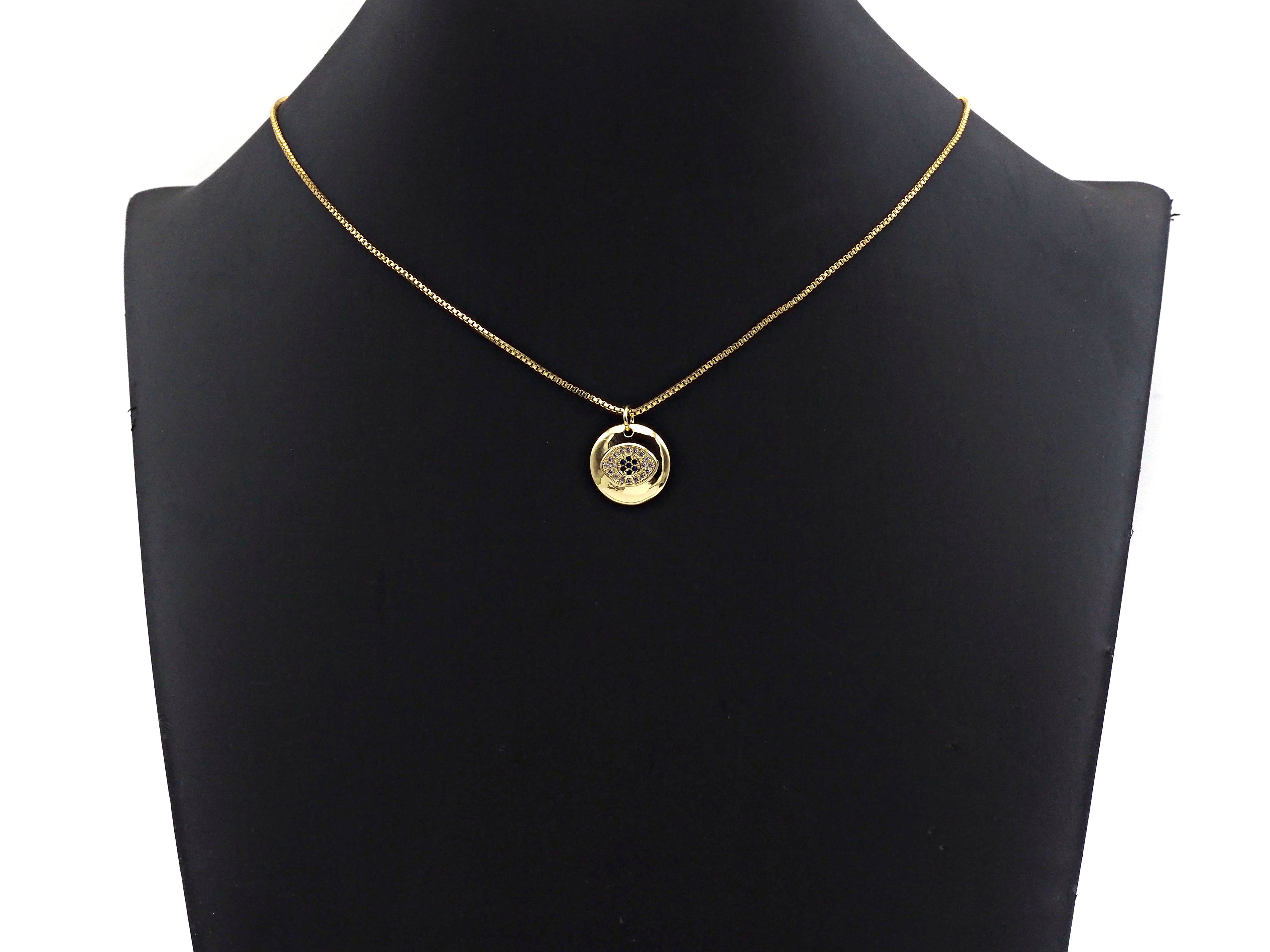 CZ Micro Pave Colorful Evil Eye On Round Coin Charms, 18k Dainty Gold Charms Pendant, Evil Eye Necklace Charms, 15x15mm, Sku#F1304
