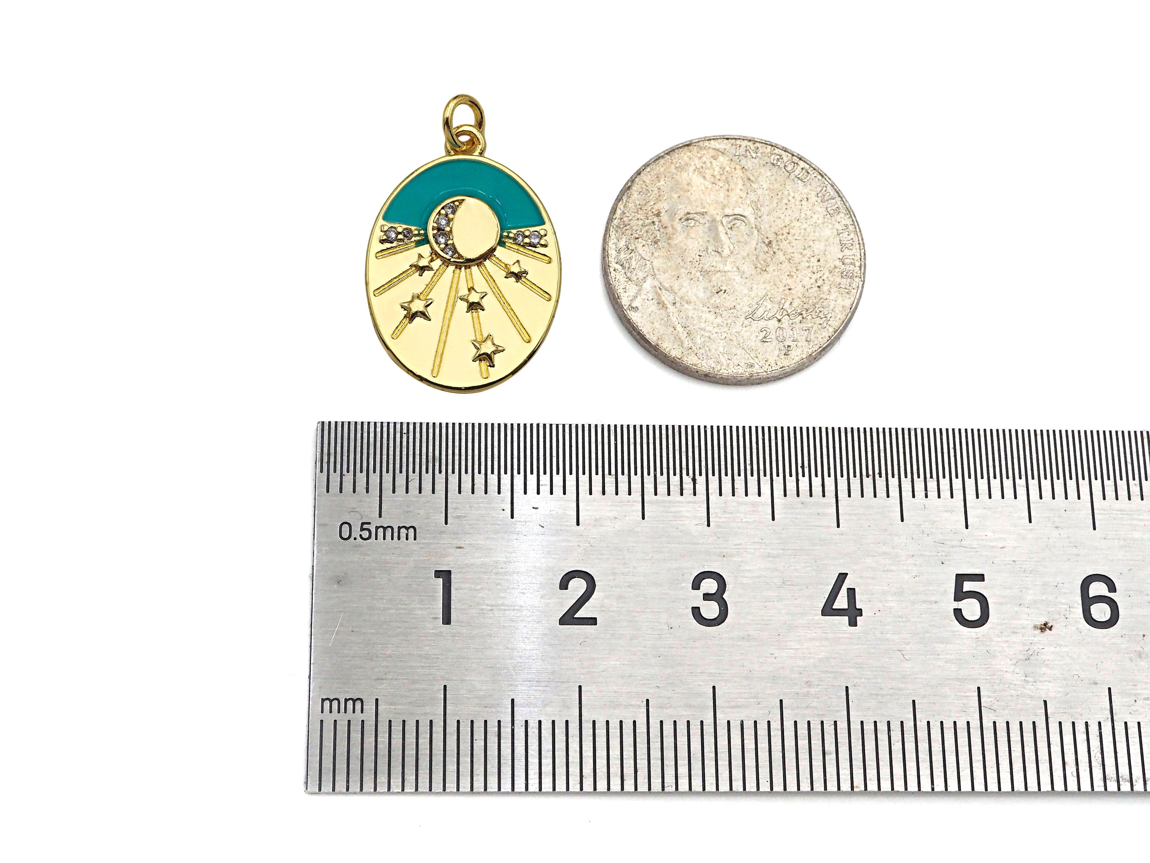 Gold Filled Turquoise Enamel with Radial Star On Oval Shape Pendant,CZ Micro Pave 18K Gold Filled Enamel Charm,16x22mm,Sku#Z1360