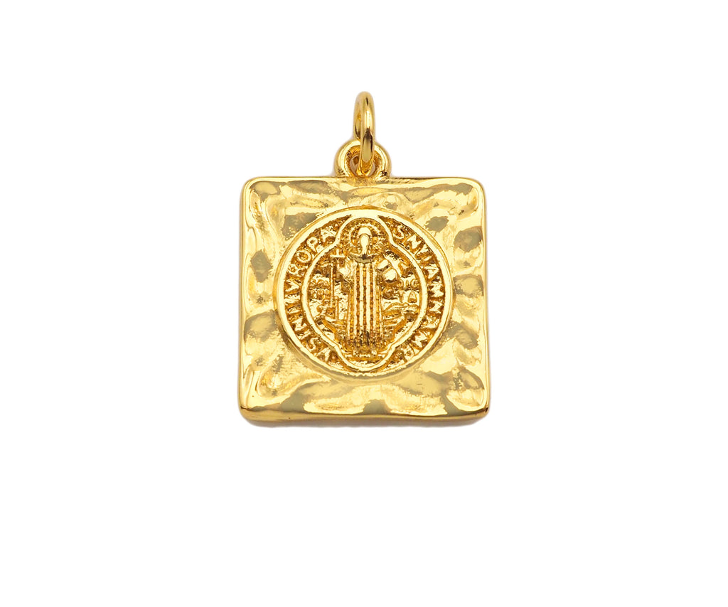 18k Gold Saint St Benedict Medallion Protection Square Charms, Gold Jesus Pendant, Religious Necklace Charms, 15x17mm, Sku#Z1248