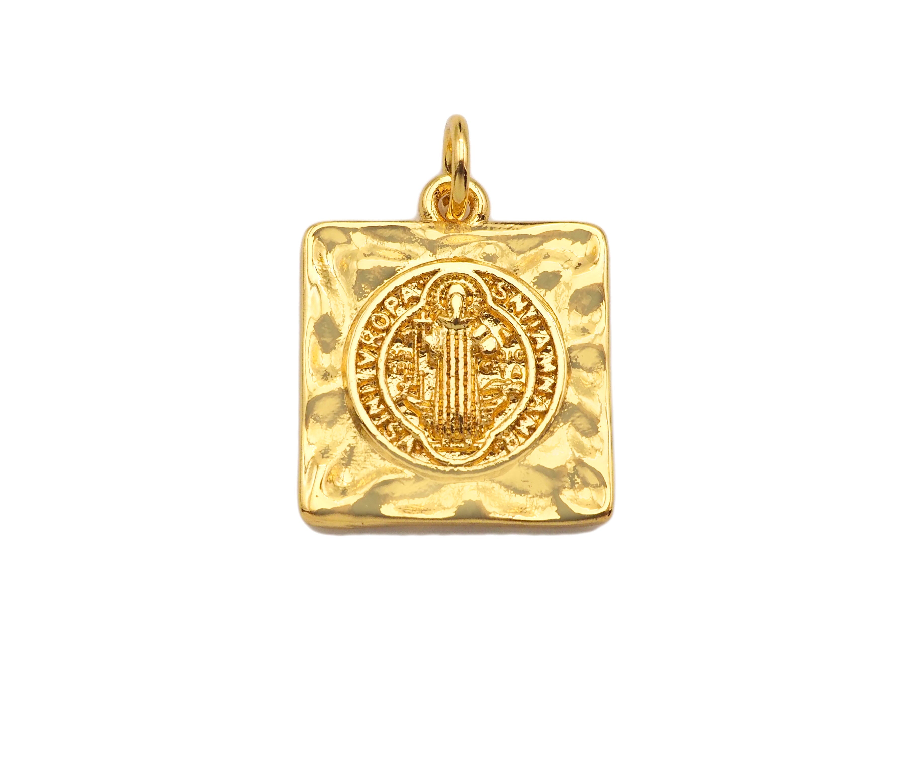 18k Gold Saint St Benedict Medallion Protection Square Charms, Gold Jesus Pendant, Religious Necklace Charms, 15x17mm, Sku#Z1248