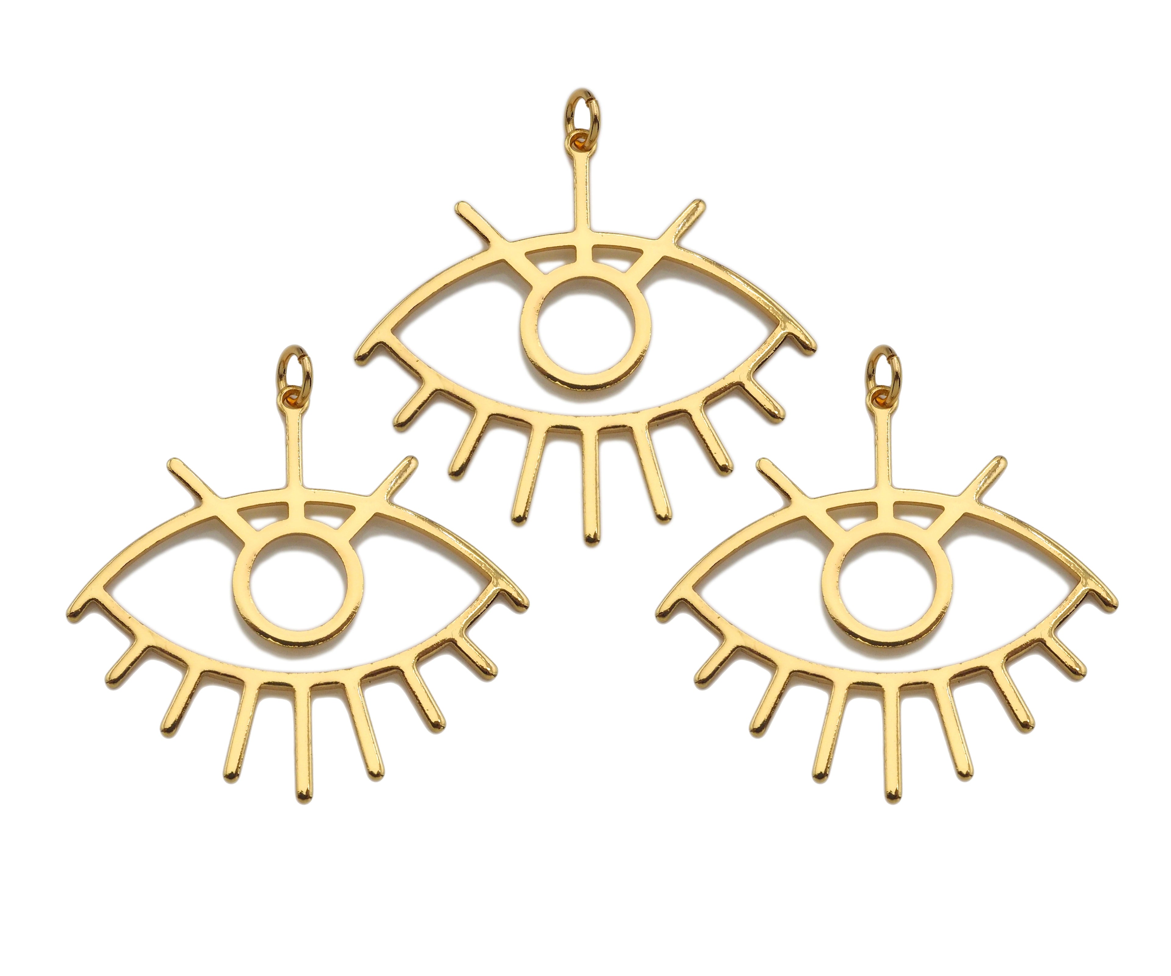 CZ Micro Pave Evil Eye with Eyelash Frame Pendant/Charm, Gold Evil Eye Cubic Zirconia Pendant Charm,36x33mm,sku#Y313