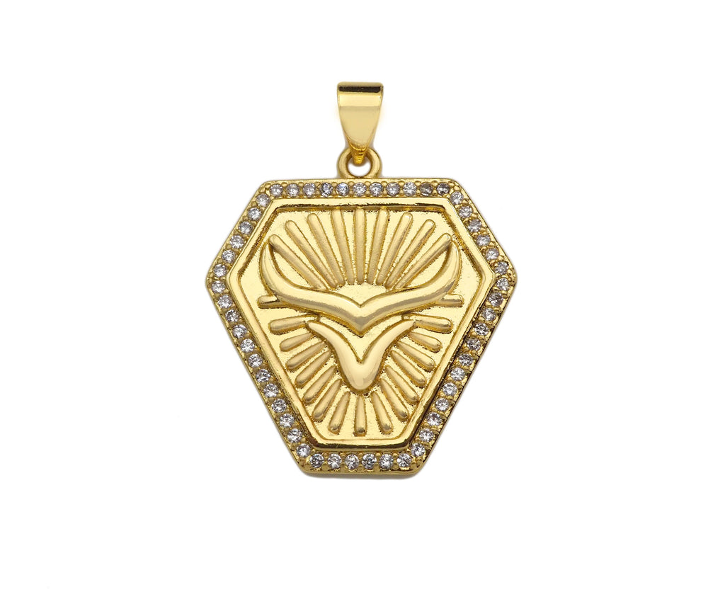 CZ Micro Pave OX Horn On Shield Shape Pendant/Charm,Cubic Zirconia Medallion Charm, Necklace Bracelet Charm Pendant,23x25mm, Sku#LK194