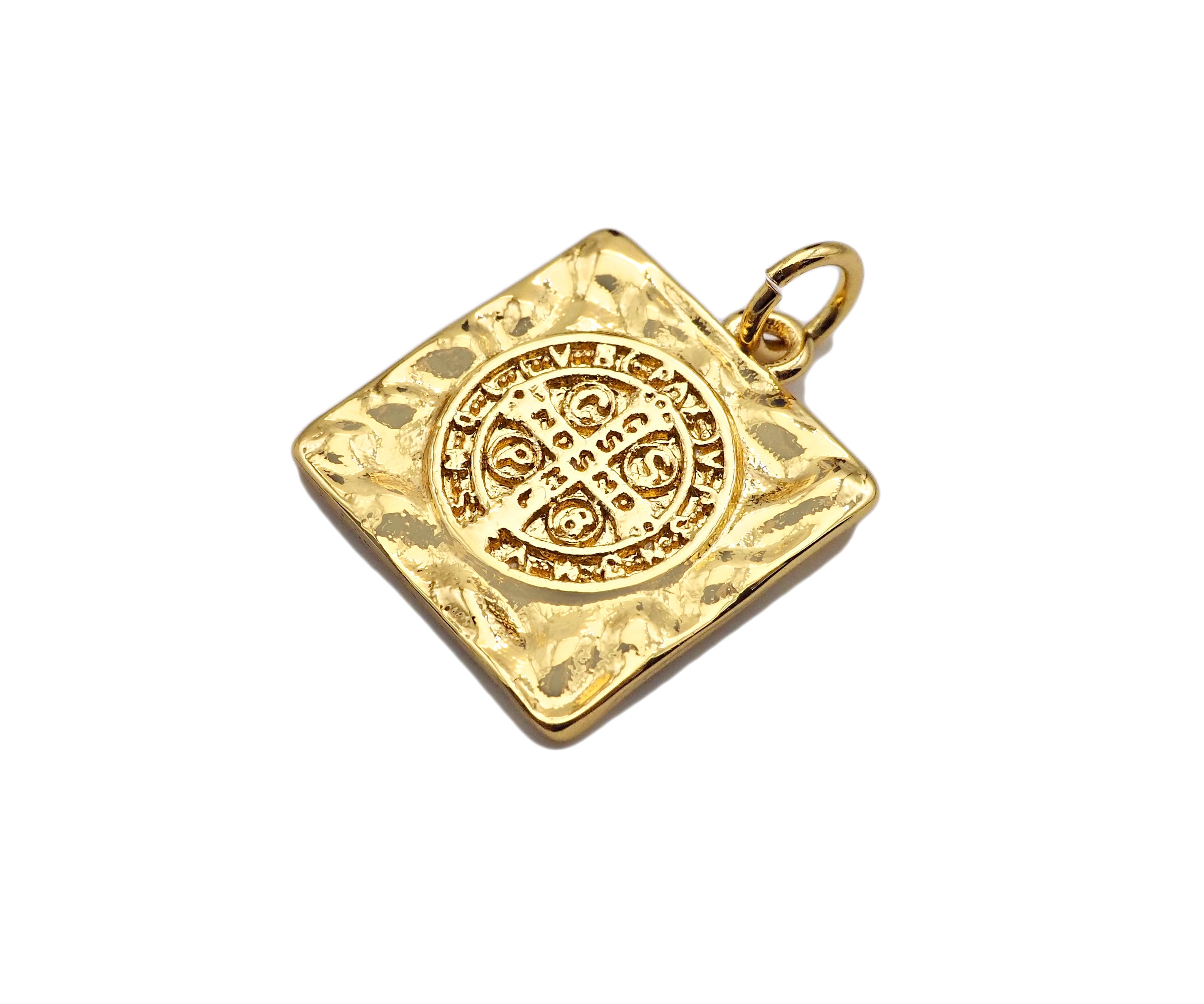 18k Gold Saint St Benedict Medallion Protection Square Charms, Gold Jesus Pendant, Religious Necklace Charms, 15x17mm, Sku#Z1248
