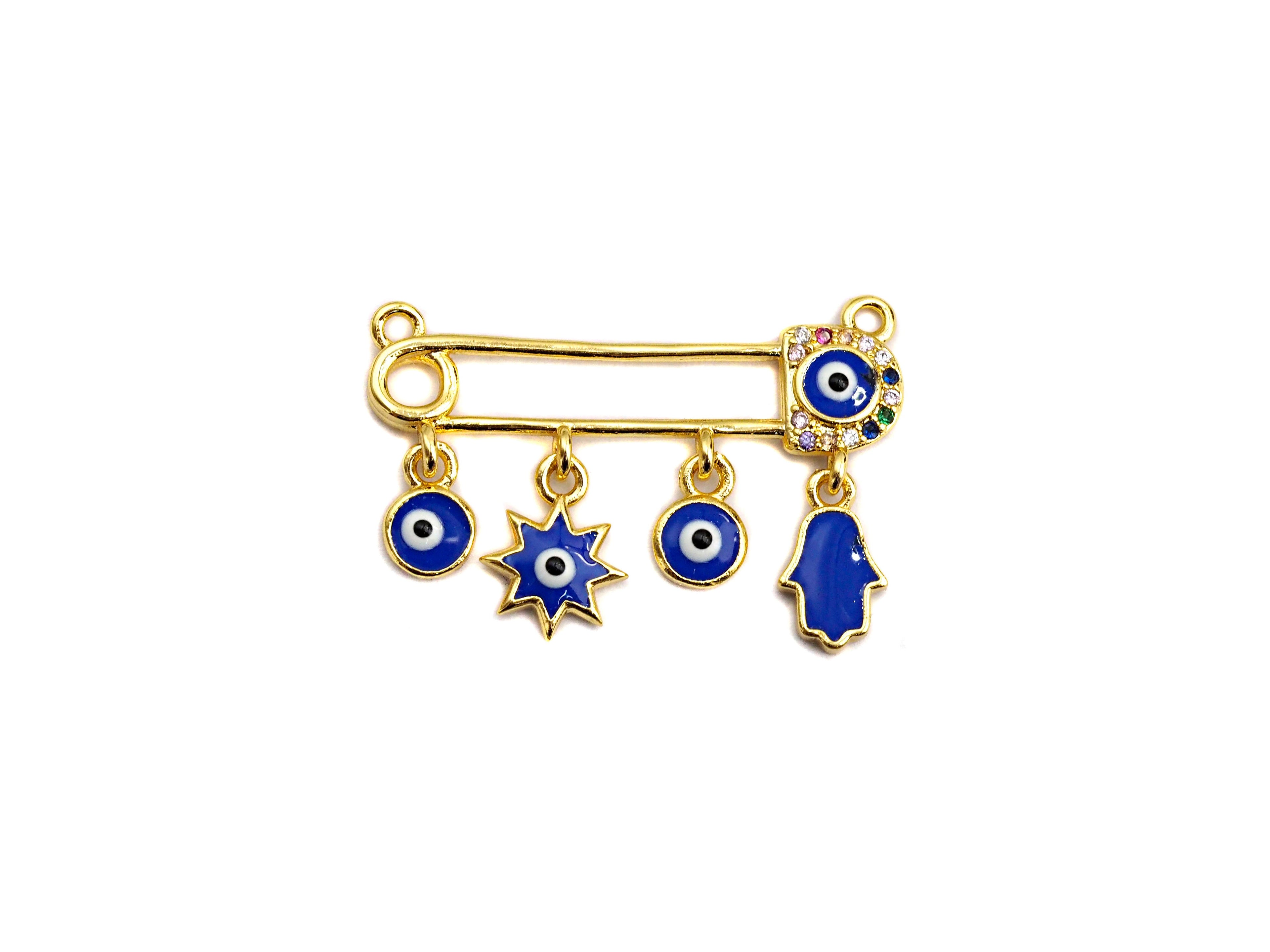 Enamel Safty Pin With Cobalt Eye Hamsa hand Sun Pendant,CZ Micro Pave Oil Drop pendant, Enamel Jewelry,19x29mm,sku#Z671