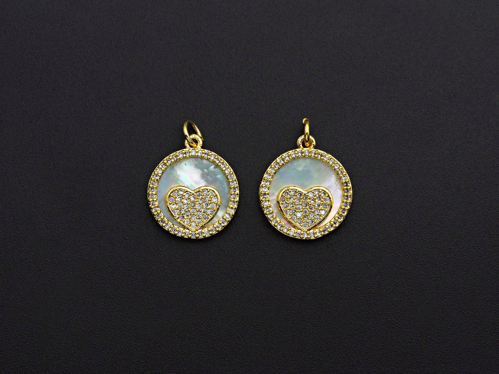 Clear CZ Micro Pave Heart on Mother-of-pearl Pendant Charm, Cubic Zirconia Charm,  Heart Charm, Pearl Charm,15mm,sku#Z913