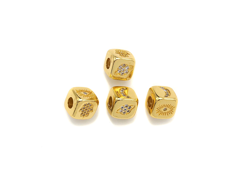 CZ Micro Pave Moon/Hamsa Hand/Evil Eye/Planet Dice Spacer Beads, Cubic Zirconia Cube Spacer Beads, 24k Gold Tone, 8.5mm, sku#Z714