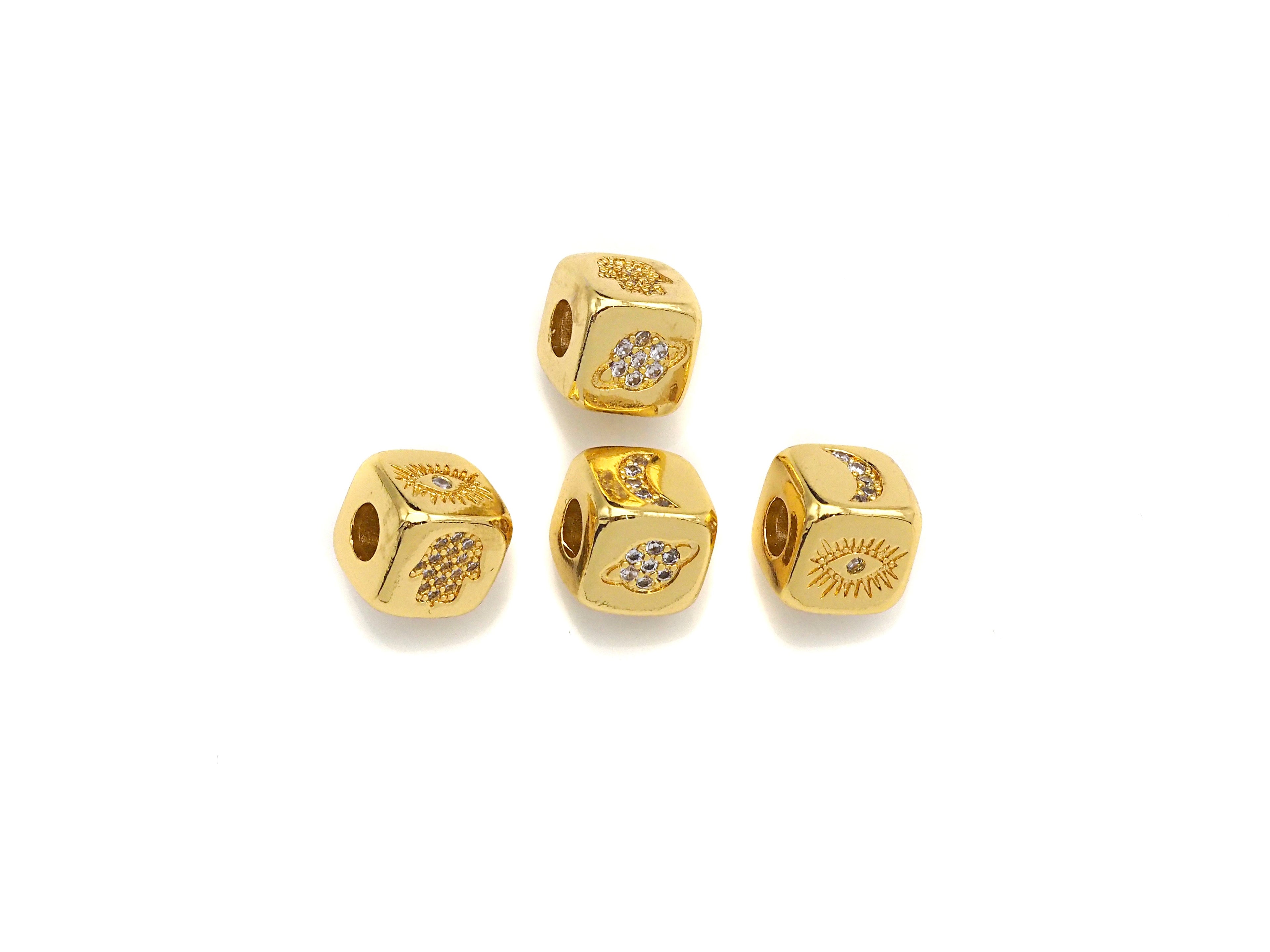 CZ Micro Pave Moon/Hamsa Hand/Evil Eye/Planet Dice Spacer Beads, Cubic Zirconia Cube Spacer Beads, 24k Gold Tone, 8.5mm, sku#Z714