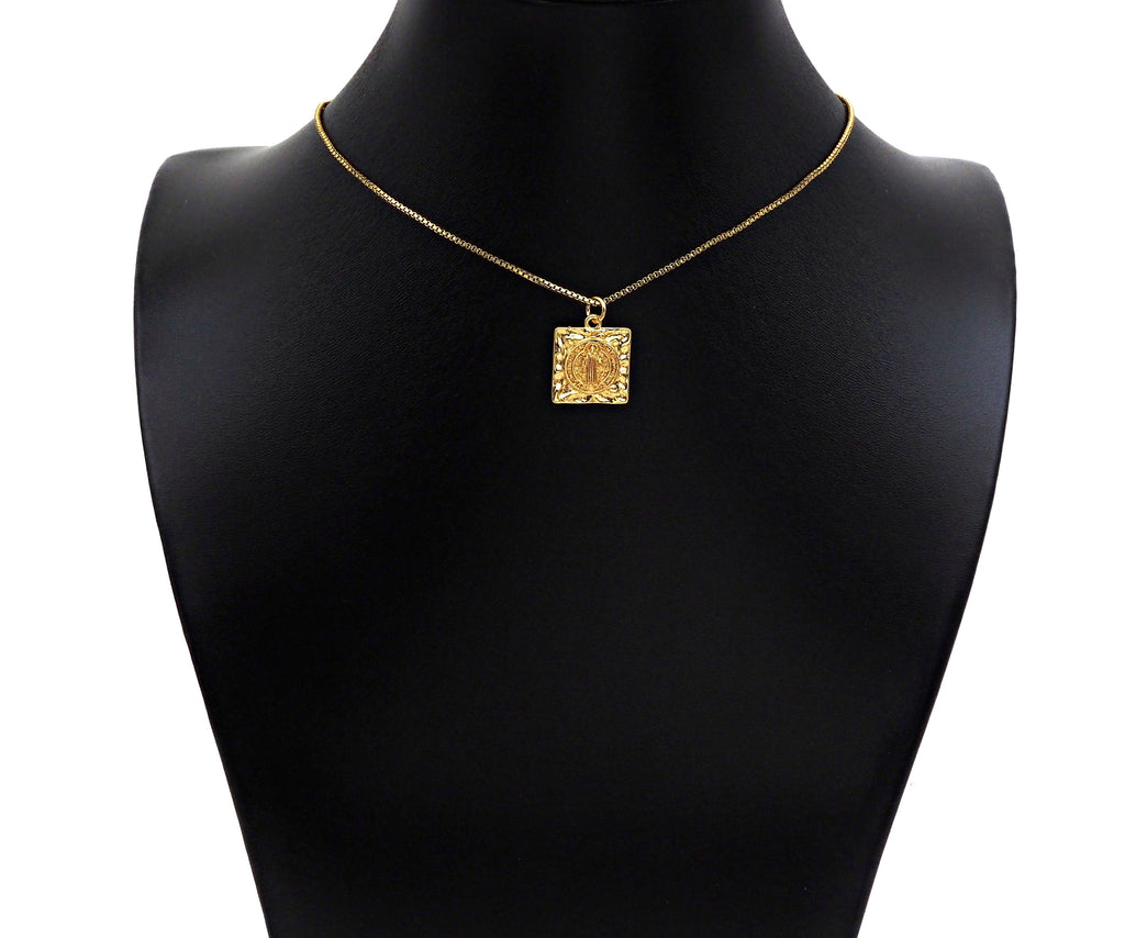 18k Gold Saint St Benedict Medallion Protection Square Charms, Gold Jesus Pendant, Religious Necklace Charms, 15x17mm, Sku#Z1248