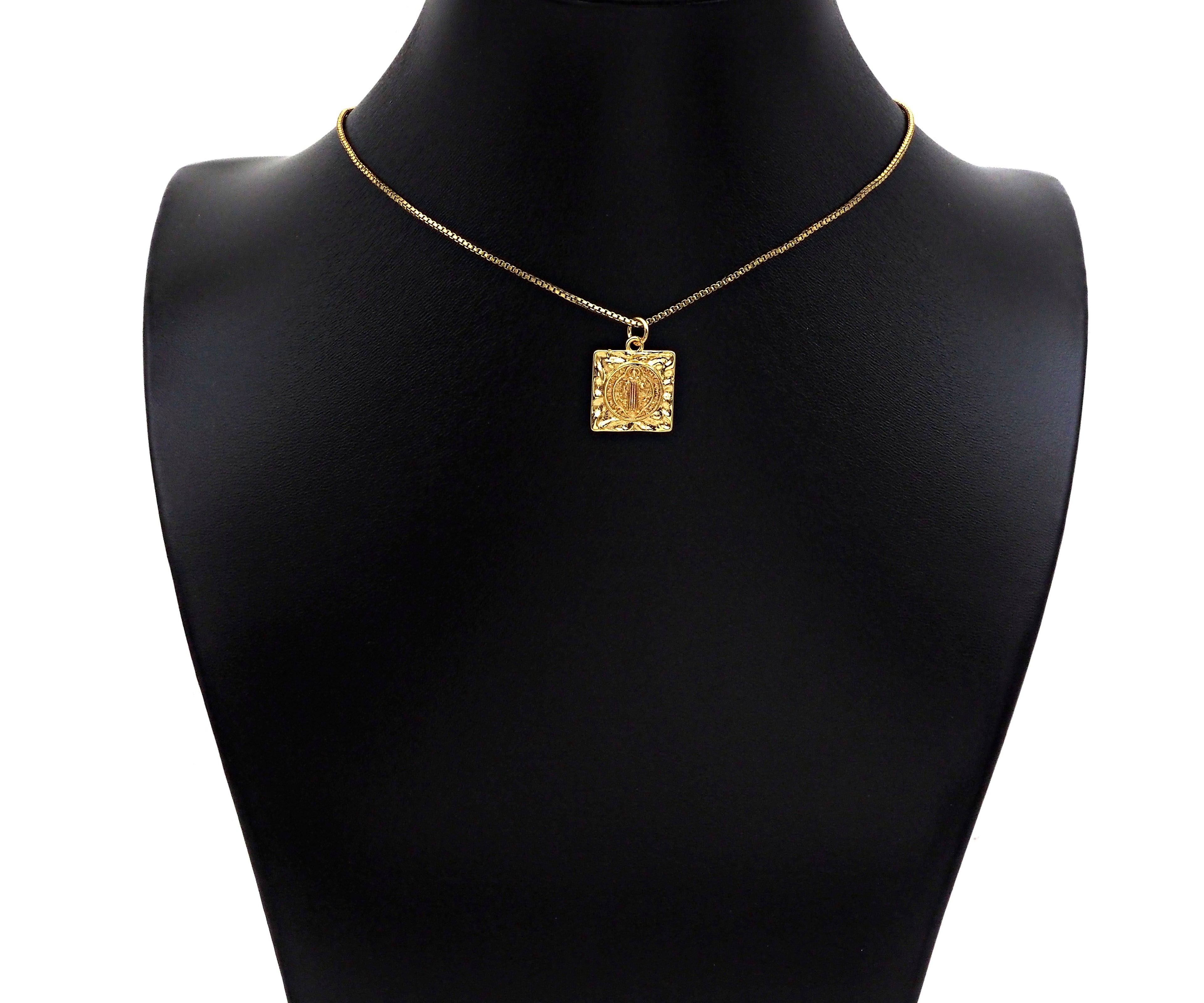 18k Gold Saint St Benedict Medallion Protection Square Charms, Gold Jesus Pendant, Religious Necklace Charms, 15x17mm, Sku#Z1248
