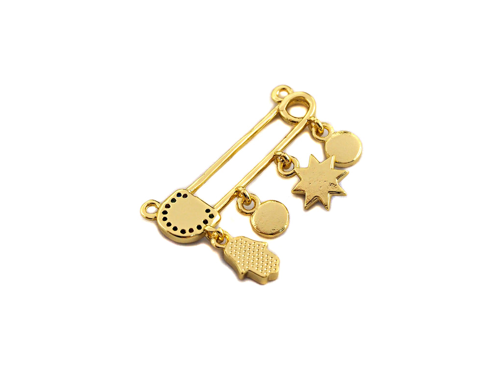 Enamel Safty Pin With Cobalt Eye Hamsa hand Sun Pendant,CZ Micro Pave Oil Drop pendant, Enamel Jewelry,19x29mm,sku#Z671