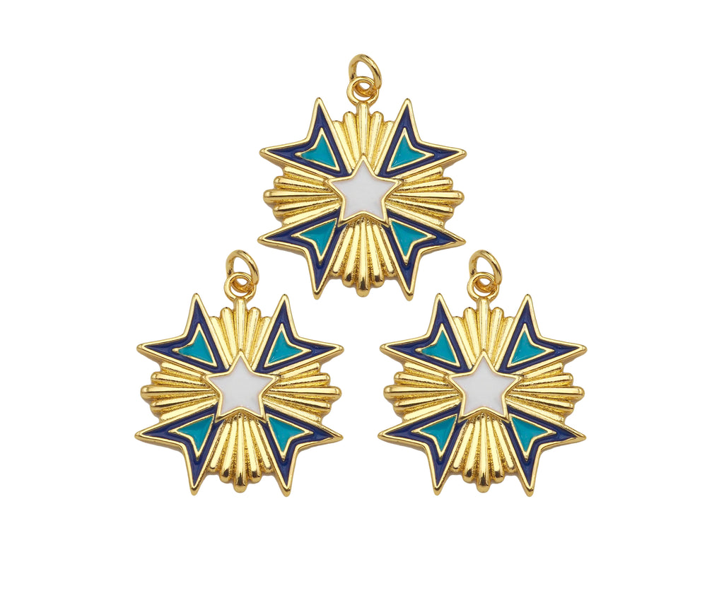 Gold Filled Enamel Star Medallion Pendant, 18K Gold Filled Tuequoise Blue/White Enamel Charm,Enamel Jewelry,23x24mm,Sku#Z1361