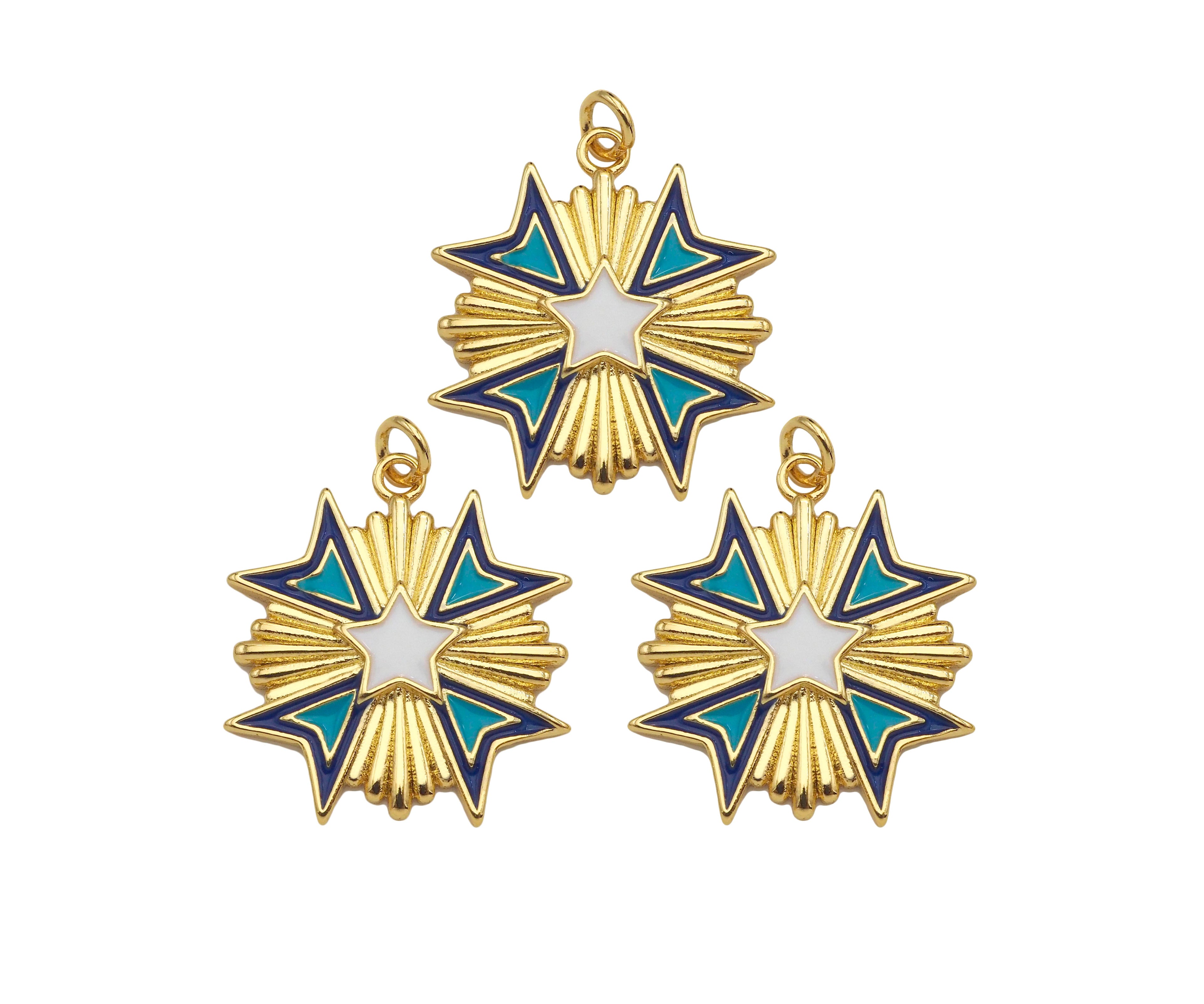 Gold Filled Enamel Star Medallion Pendant, 18K Gold Filled Tuequoise Blue/White Enamel Charm,Enamel Jewelry,23x24mm,Sku#Z1361