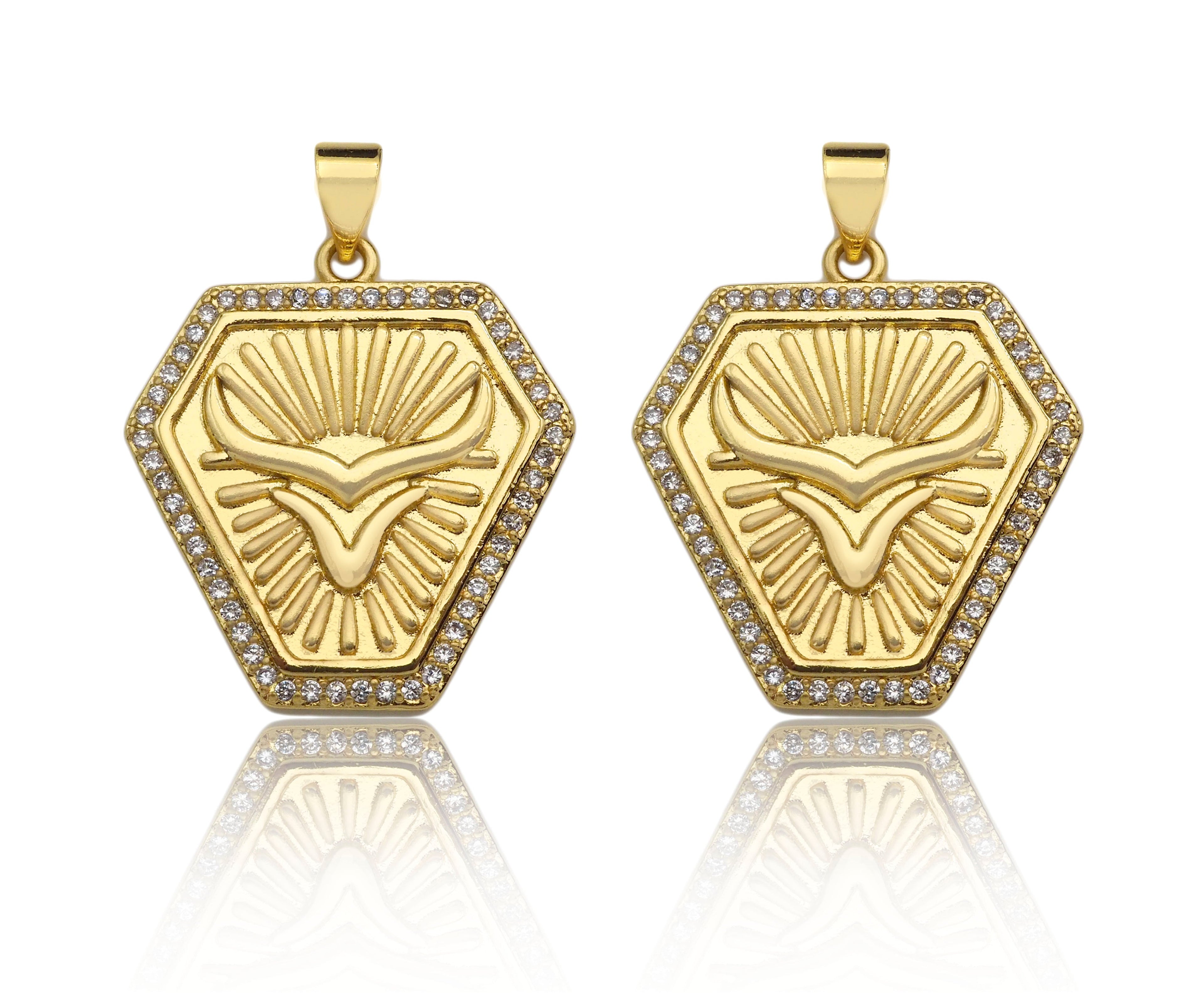 CZ Micro Pave OX Horn On Shield Shape Pendant/Charm,Cubic Zirconia Medallion Charm, Necklace Bracelet Charm Pendant,23x25mm, Sku#LK194