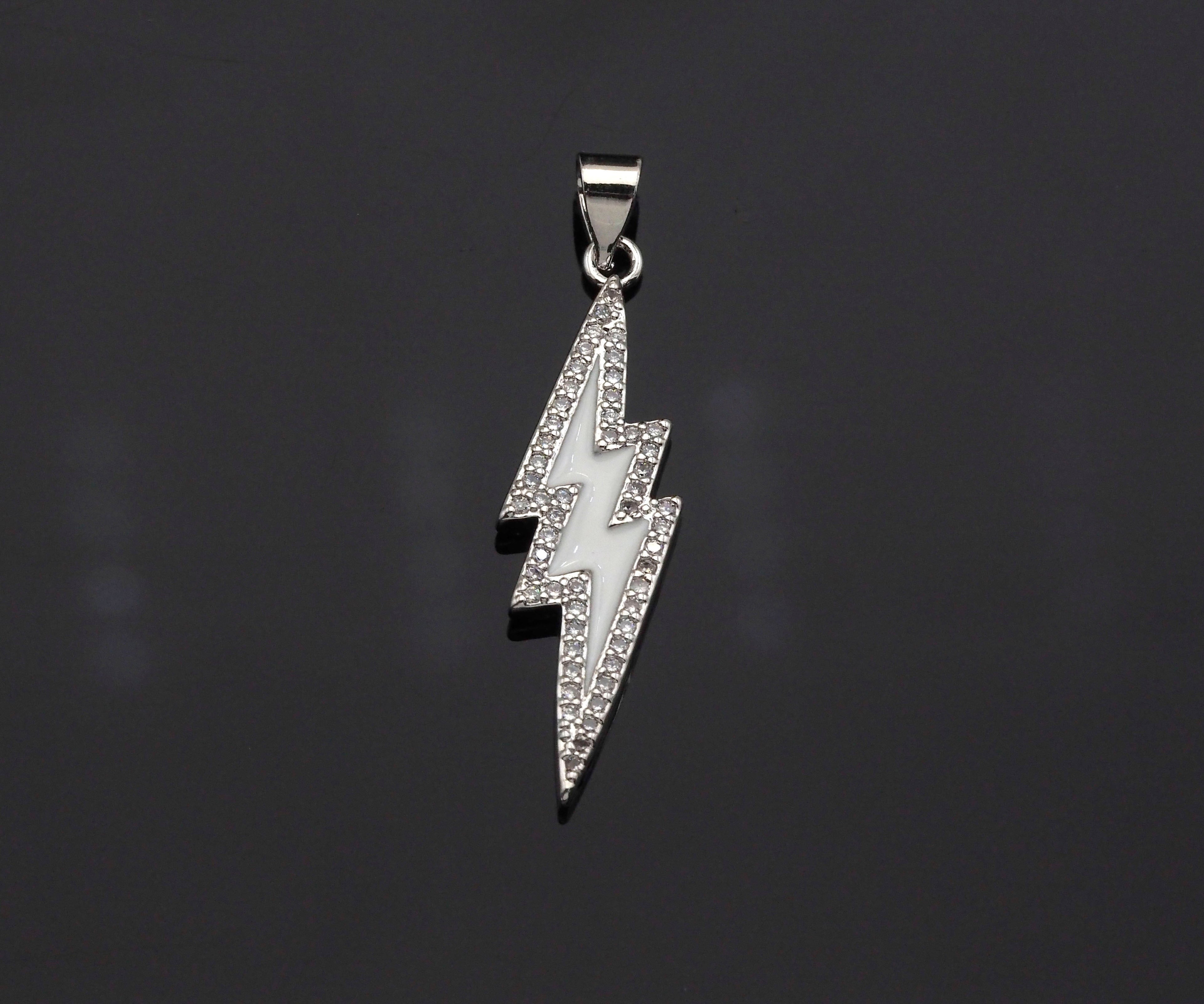 Enamel Colorful Lightning Shape Pendant Silver Finish, CZ Micro Pave Lightning Charm, Enamel pendant,Enamel Jewelry, 10x37mm, sku#LK138