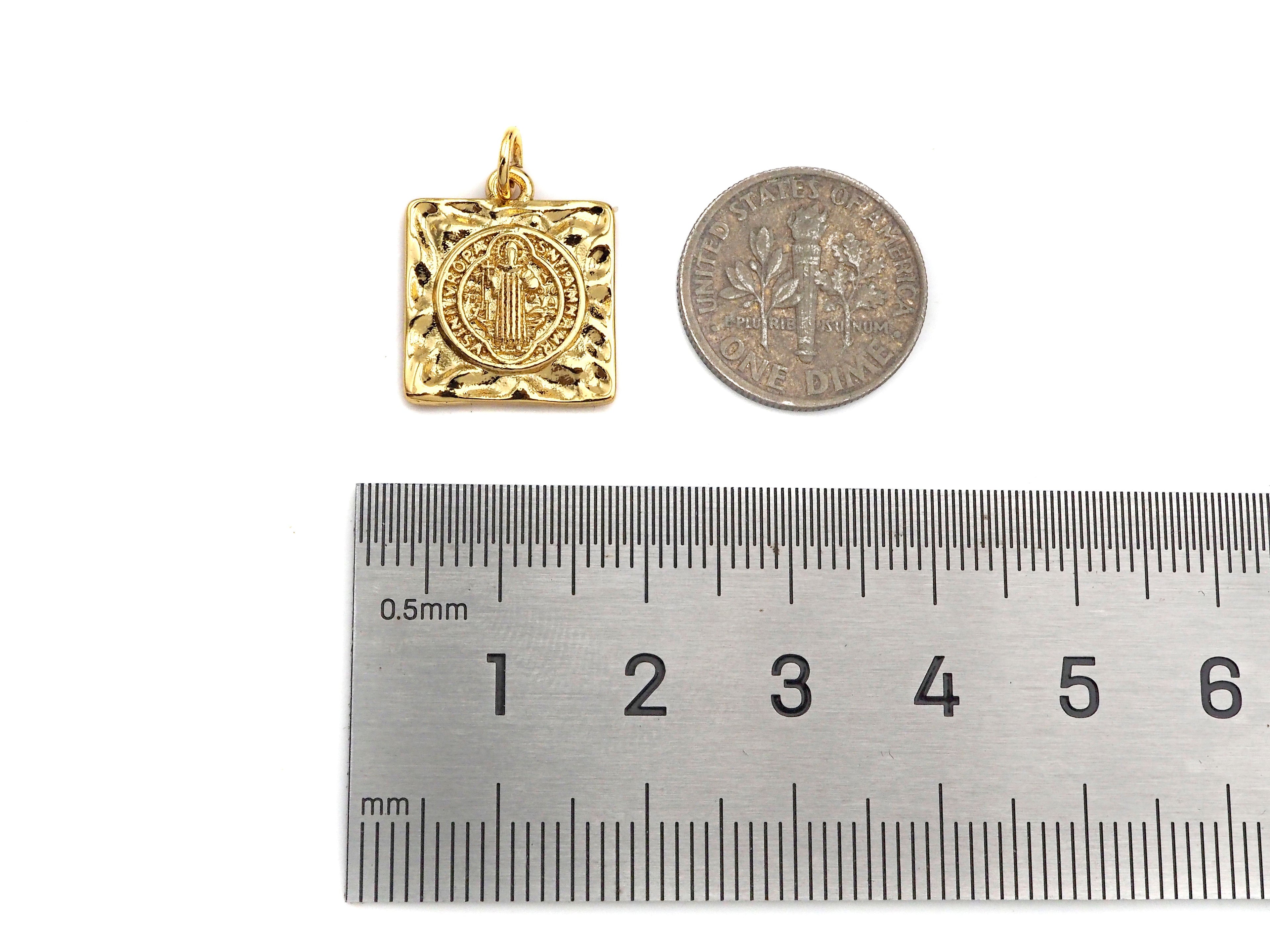 18k Gold Saint St Benedict Medallion Protection Square Charms, Gold Jesus Pendant, Religious Necklace Charms, 15x17mm, Sku#Z1248