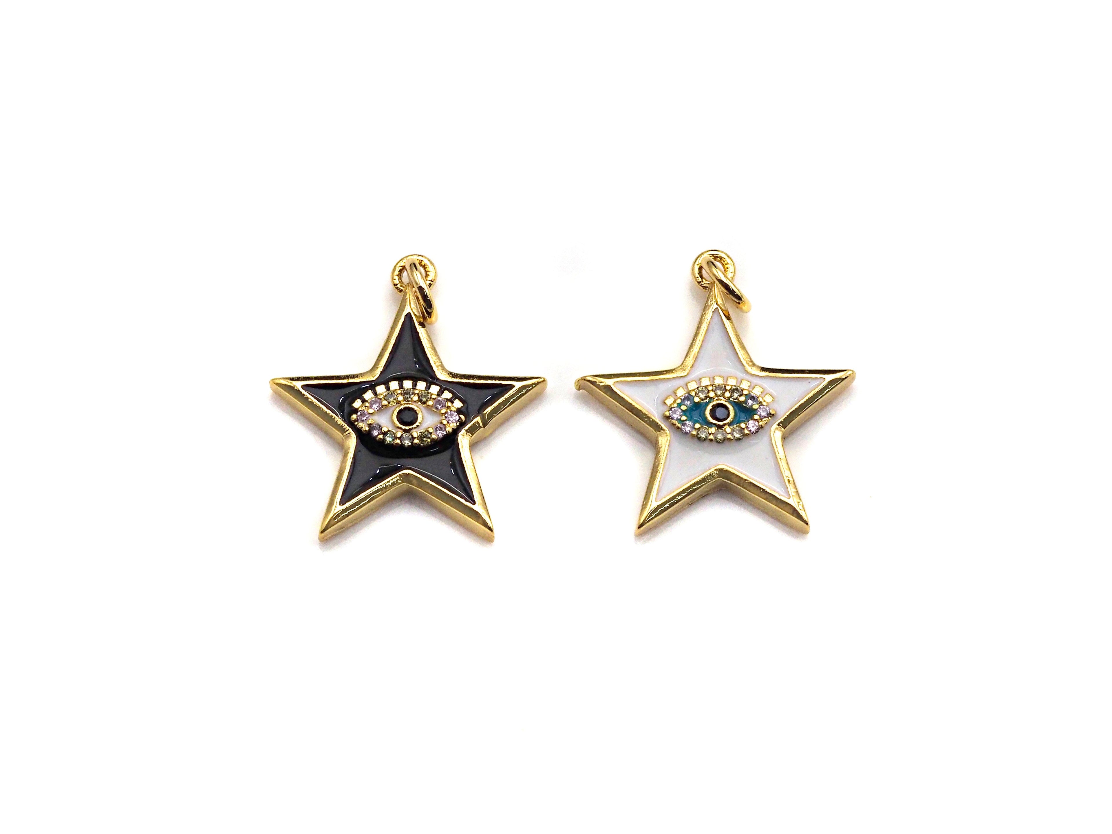 Enamel Five Star with Evil eye charm, Black White Enamel Pendant, Enamel eye charm, Star eye jewelery, 20x24mm,sku#FH13