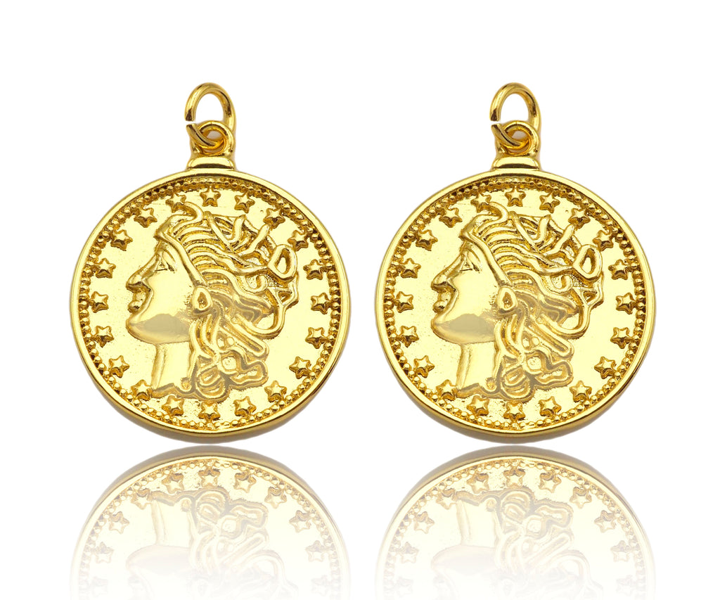 18k Dainty Gold Embossed Queen Coin Charms, Dainty Gold Emblem Pendant, Round Necklace Charms, 18mm, Sku#Z1249