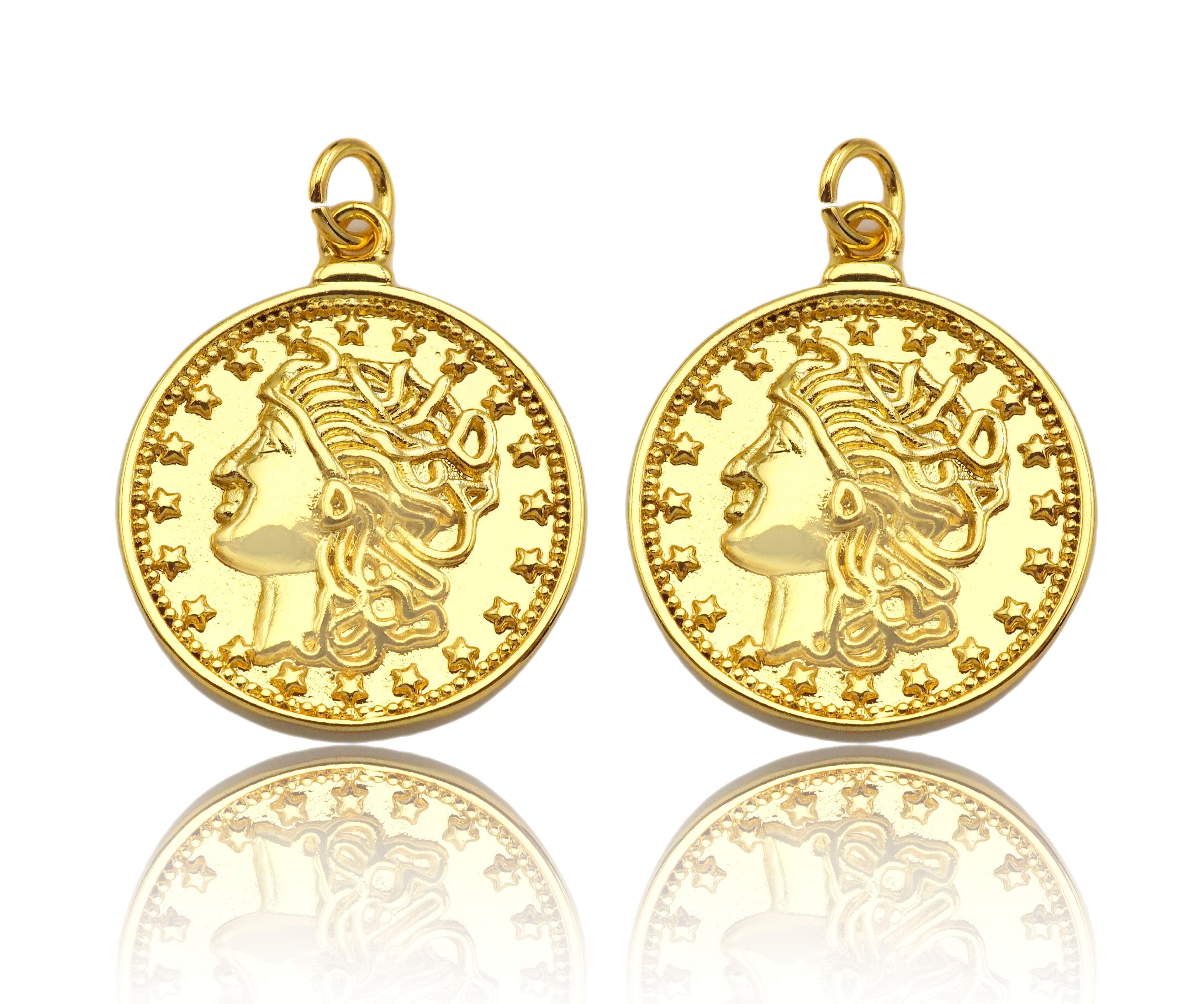 18k Dainty Gold Embossed Queen Coin Charms, Dainty Gold Emblem Pendant, Round Necklace Charms, 18mm, Sku#Z1249
