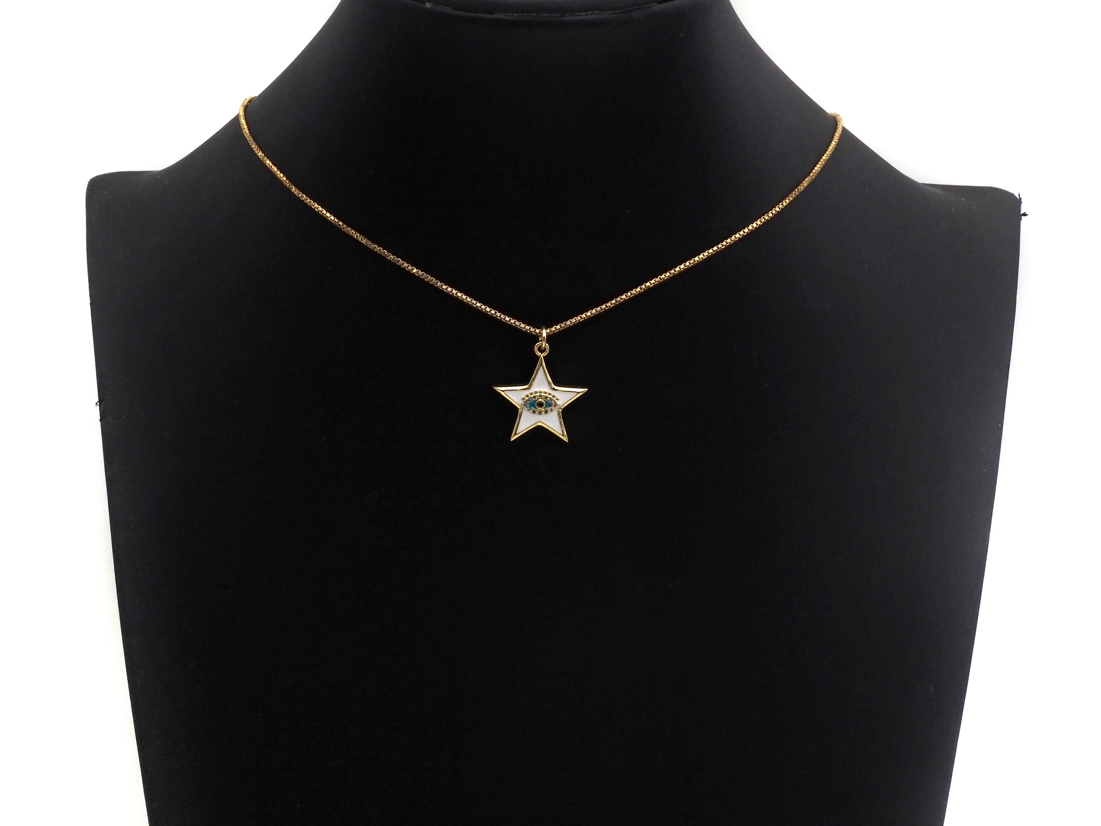 Enamel Five Star with Evil eye charm, Black White Enamel Pendant, Enamel eye charm, Star eye jewelery, 20x24mm,sku#FH13