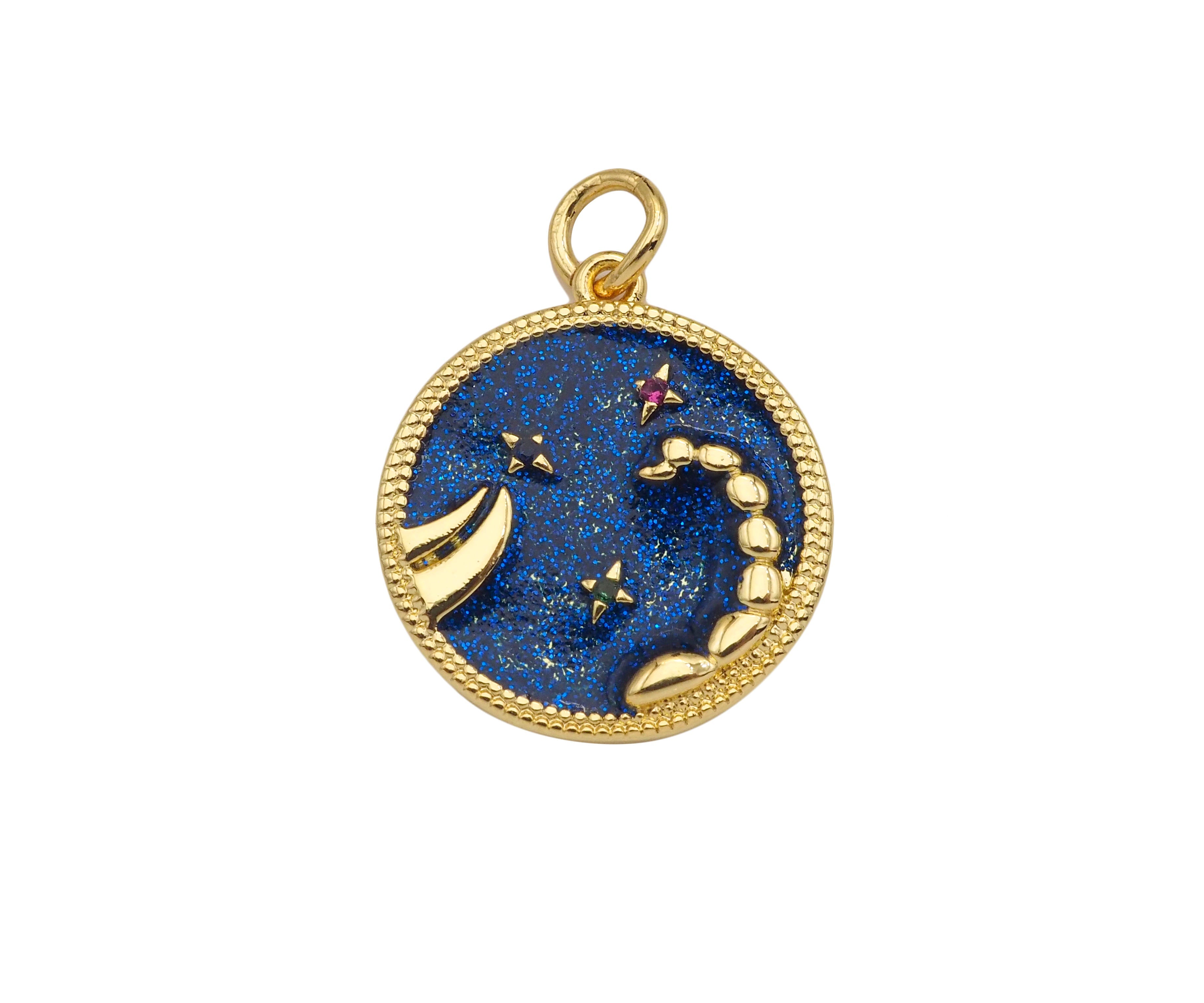 Gold Filled Cobalt Enamel Constellation Pattern On Round Coin Pendant,18K Gold Filled with Bling Effect Enamel Charm,19x17mm,Sku#F1402
