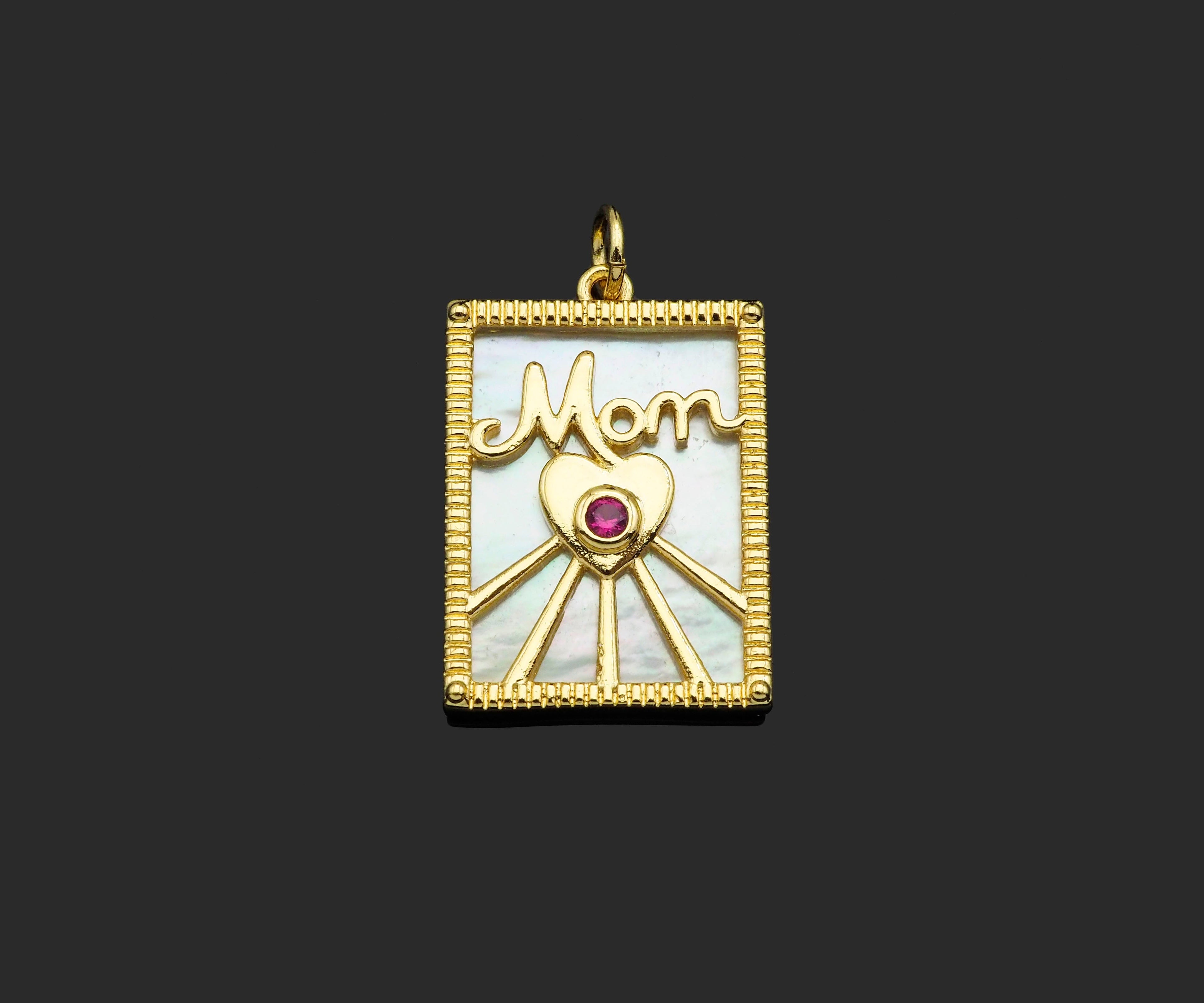 Fuchsia CZ Mom/Mama Heart On Rectangle Pearl Shape Pendant,18K Gold Filled Mother of Pearl Charm, Mother's Day MOP Pendant,17x24mm,Sku#Z1373