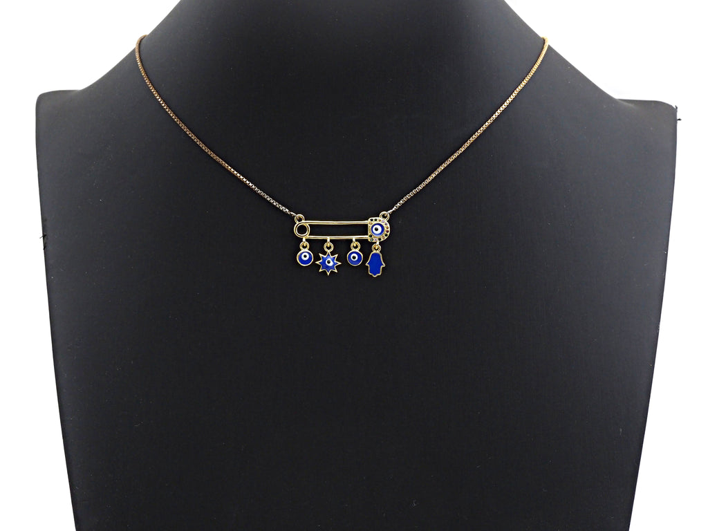 Enamel Safty Pin With Cobalt Eye Hamsa hand Sun Pendant,CZ Micro Pave Oil Drop pendant, Enamel Jewelry,19x29mm,sku#Z671