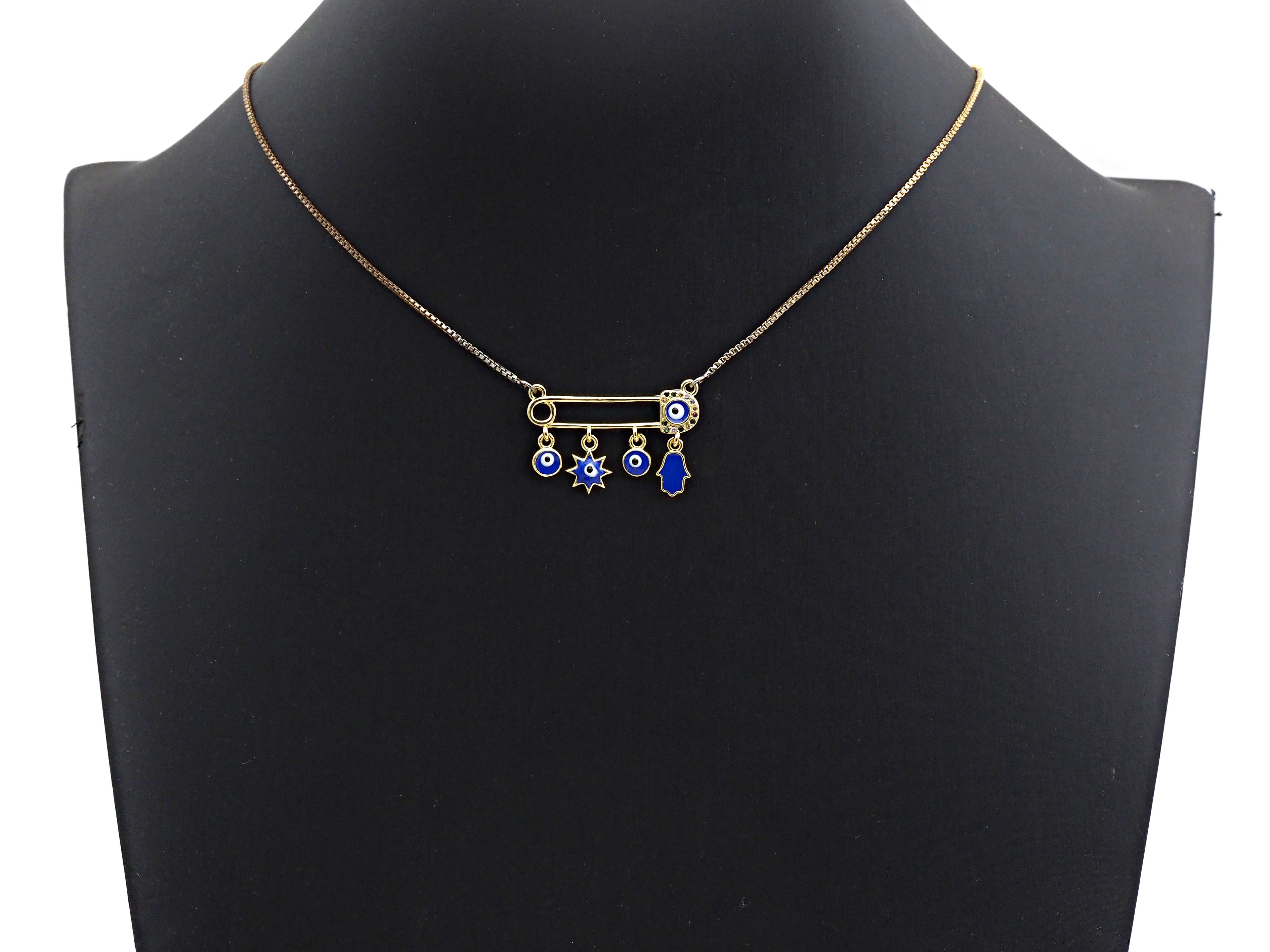 Enamel Safty Pin With Cobalt Eye Hamsa hand Sun Pendant,CZ Micro Pave Oil Drop pendant, Enamel Jewelry,19x29mm,sku#Z671