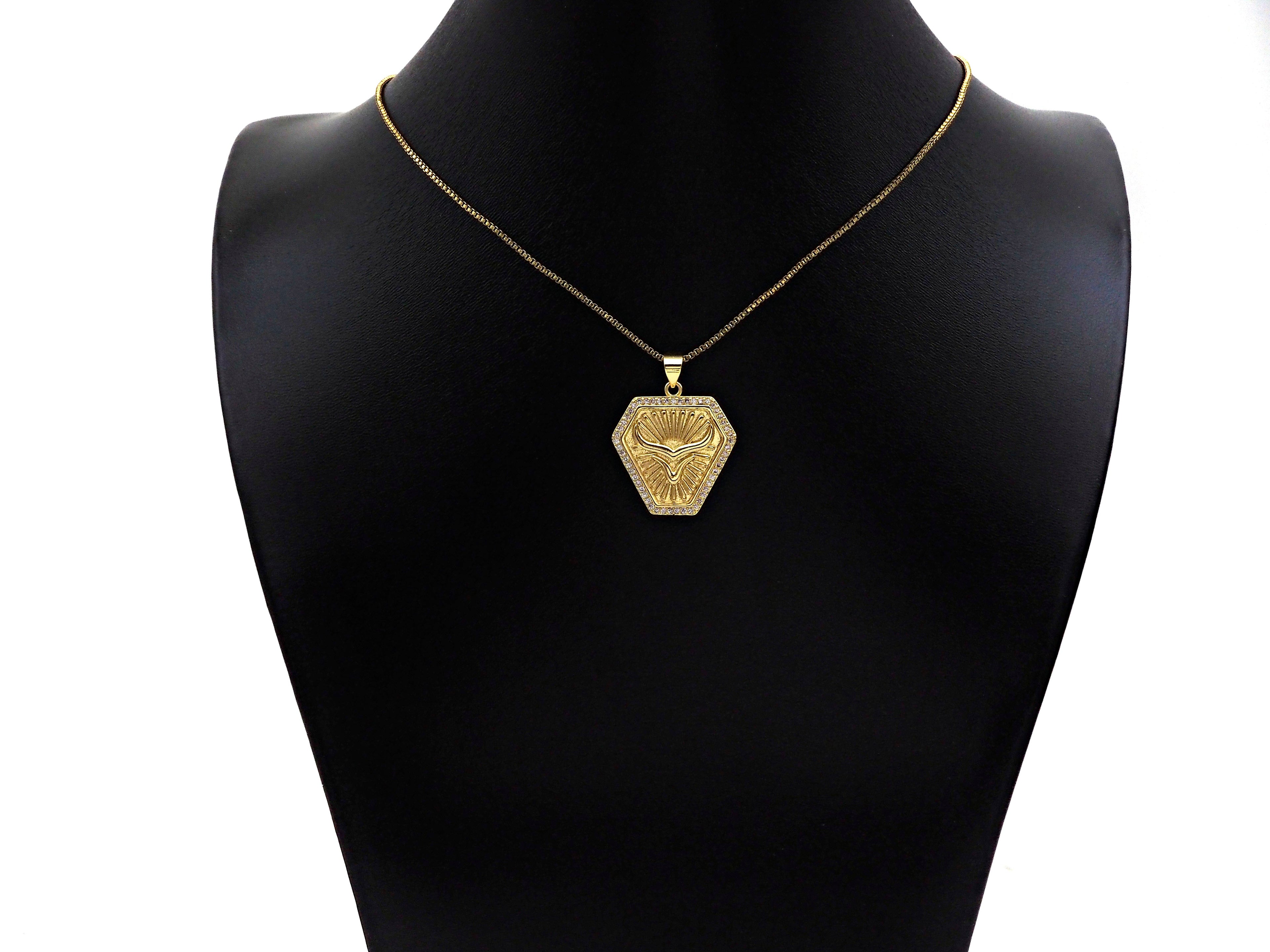 CZ Micro Pave OX Horn On Shield Shape Pendant/Charm,Cubic Zirconia Medallion Charm, Necklace Bracelet Charm Pendant,23x25mm, Sku#LK194