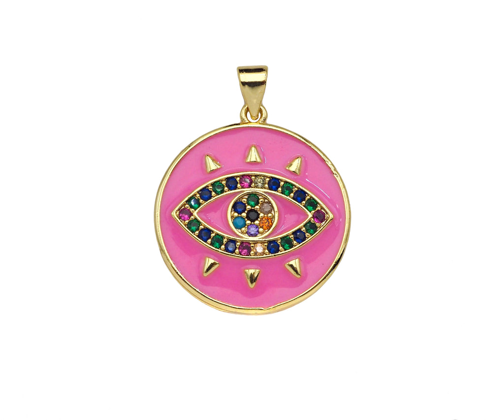 Gold Filled Colorful CZ Evil Eye On Enamel Round Coin Shape Pendant, 18K Gold Filled Micro CZ Pave Charm, 25x23mm,Sku#FH173