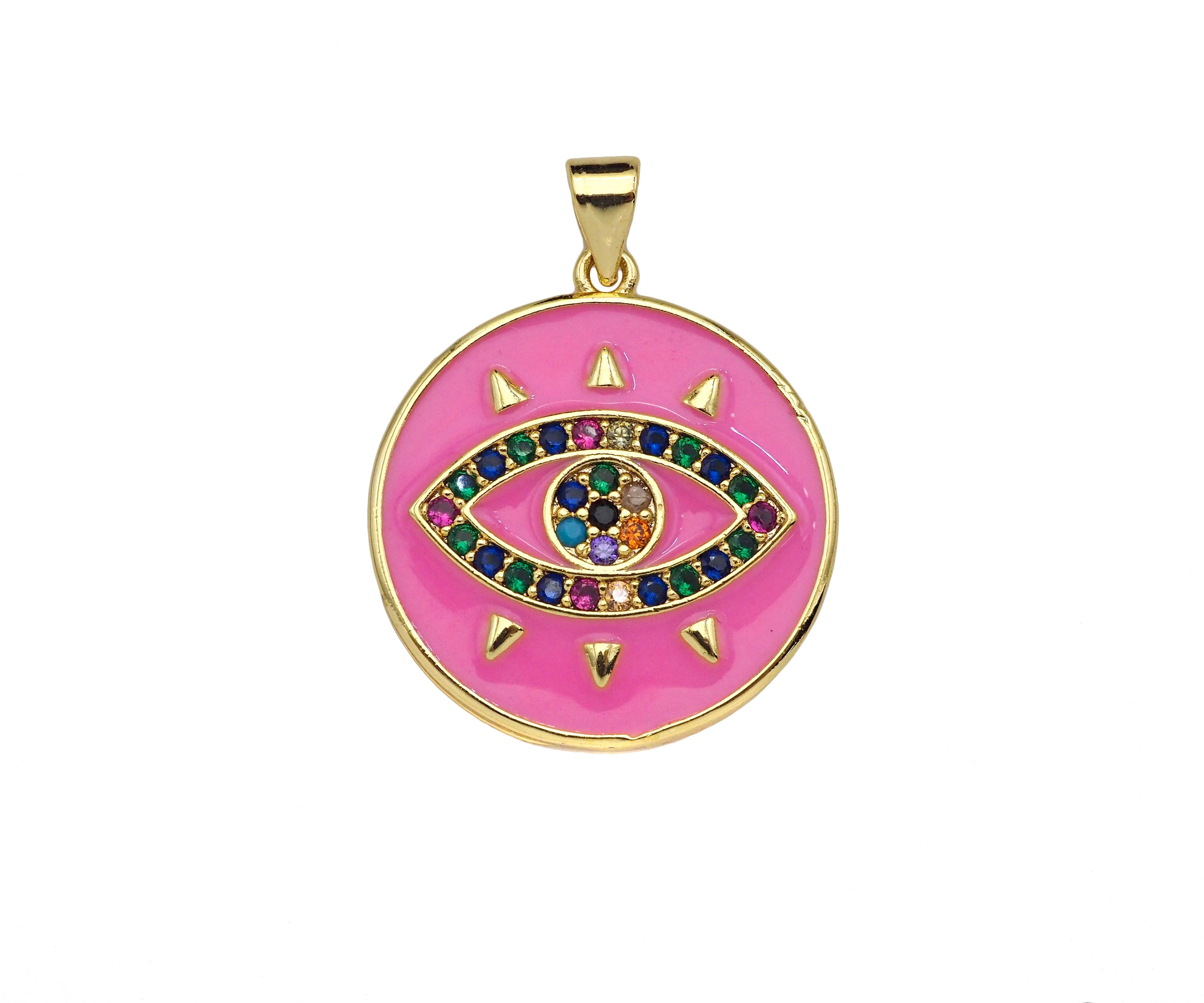 Gold Filled Colorful CZ Evil Eye On Enamel Round Coin Shape Pendant, 18K Gold Filled Micro CZ Pave Charm, 25x23mm,Sku#FH173