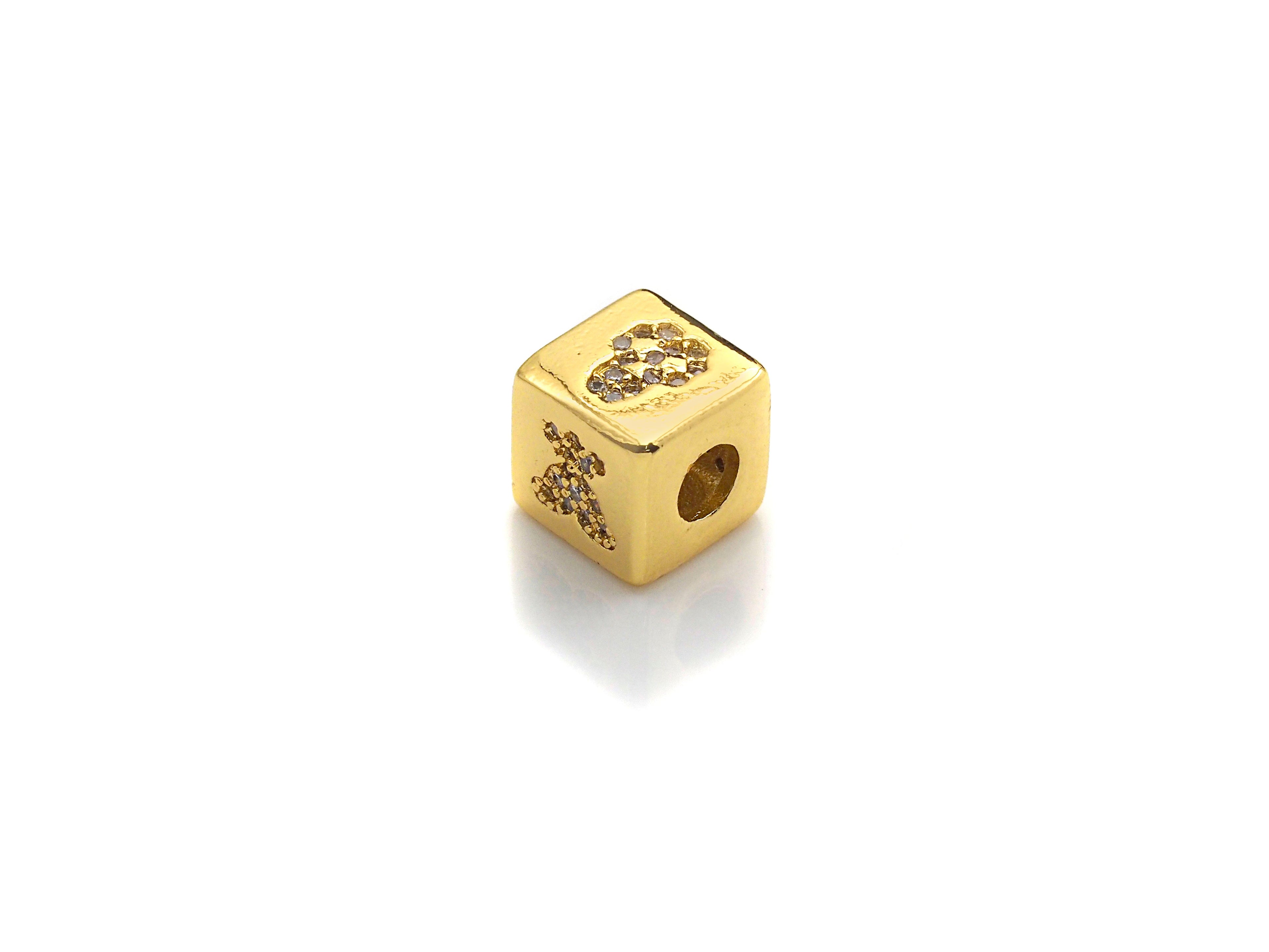 CZ Micro Pave Bee Bear Lip Dice Spacer Beads, Cubic Zirconia Cube Spacer Beads, NAME Beads in Gold Tone,8.5mm, sku#Z715