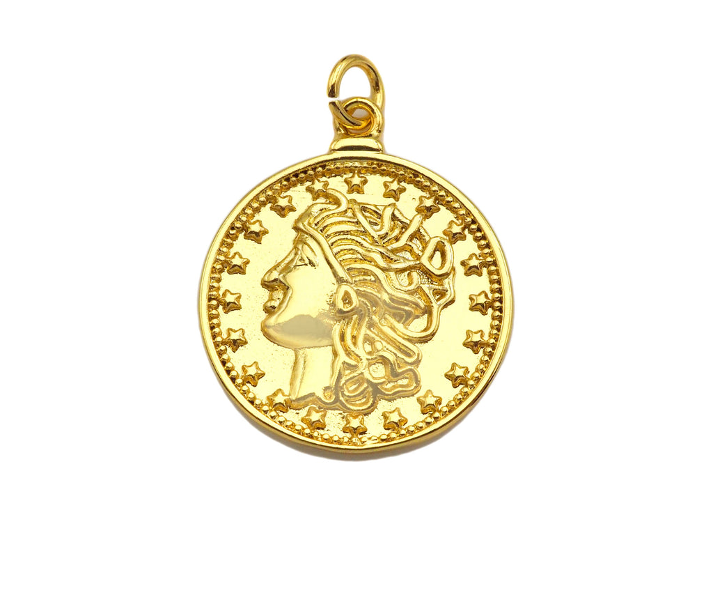 18k Dainty Gold Embossed Queen Coin Charms, Dainty Gold Emblem Pendant, Round Necklace Charms, 18mm, Sku#Z1249