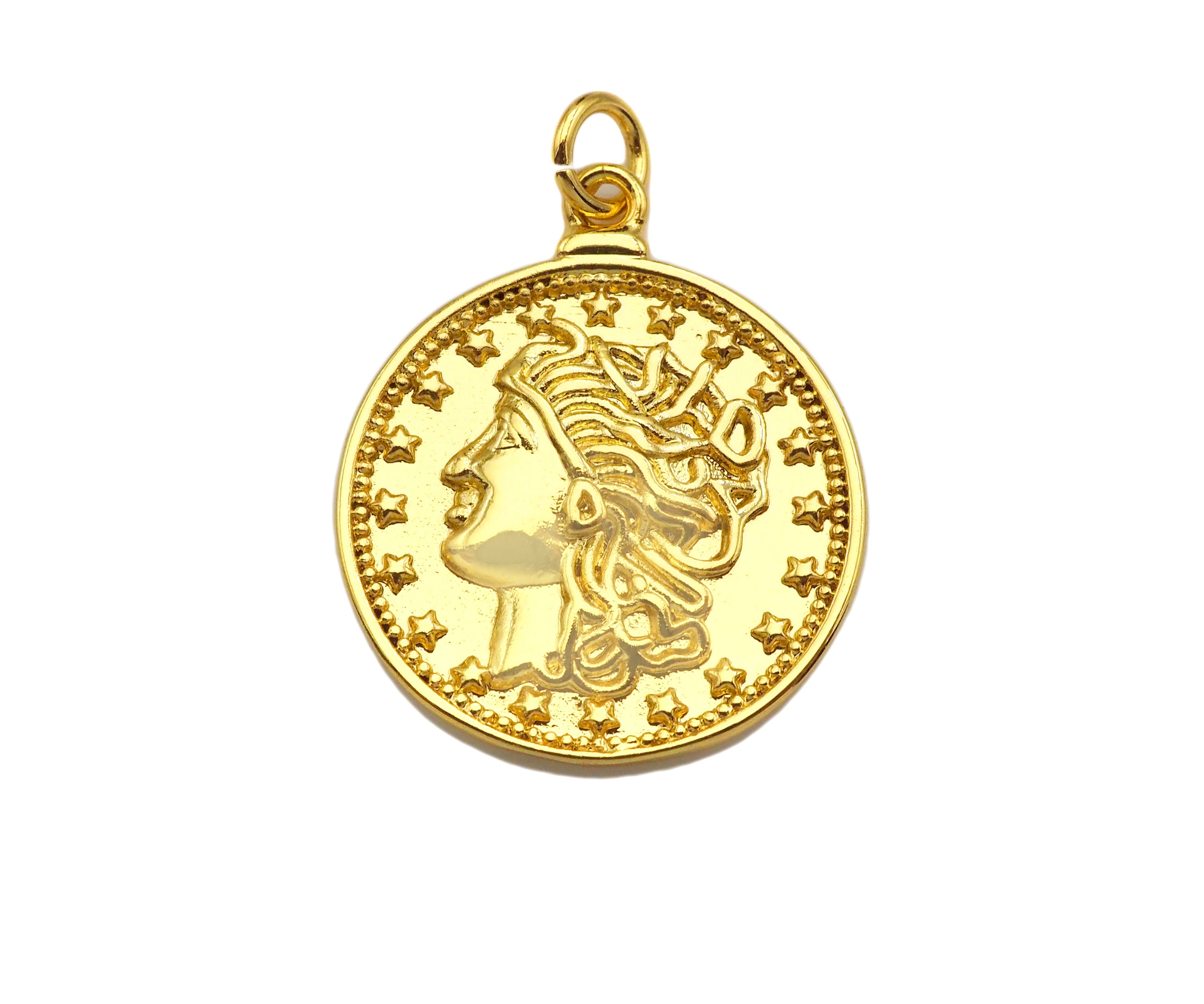 18k Dainty Gold Embossed Queen Coin Charms, Dainty Gold Emblem Pendant, Round Necklace Charms, 18mm, Sku#Z1249