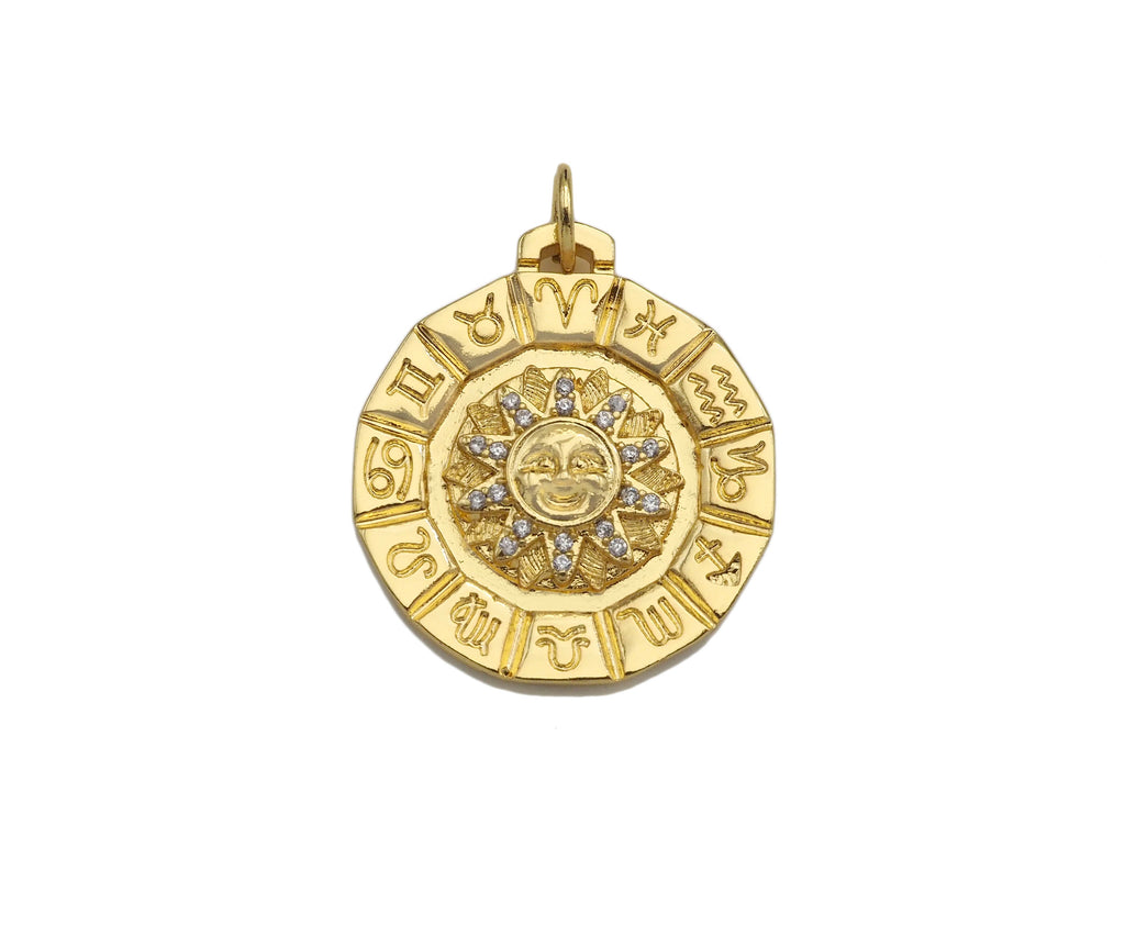 CZ Micro Pave Sun Face On Round Shape Pendant/Charm,Cubic Zirconia Medallion Charm, Necklace Bracelet Charm Pendant,22x25mm, Sku#Z1281