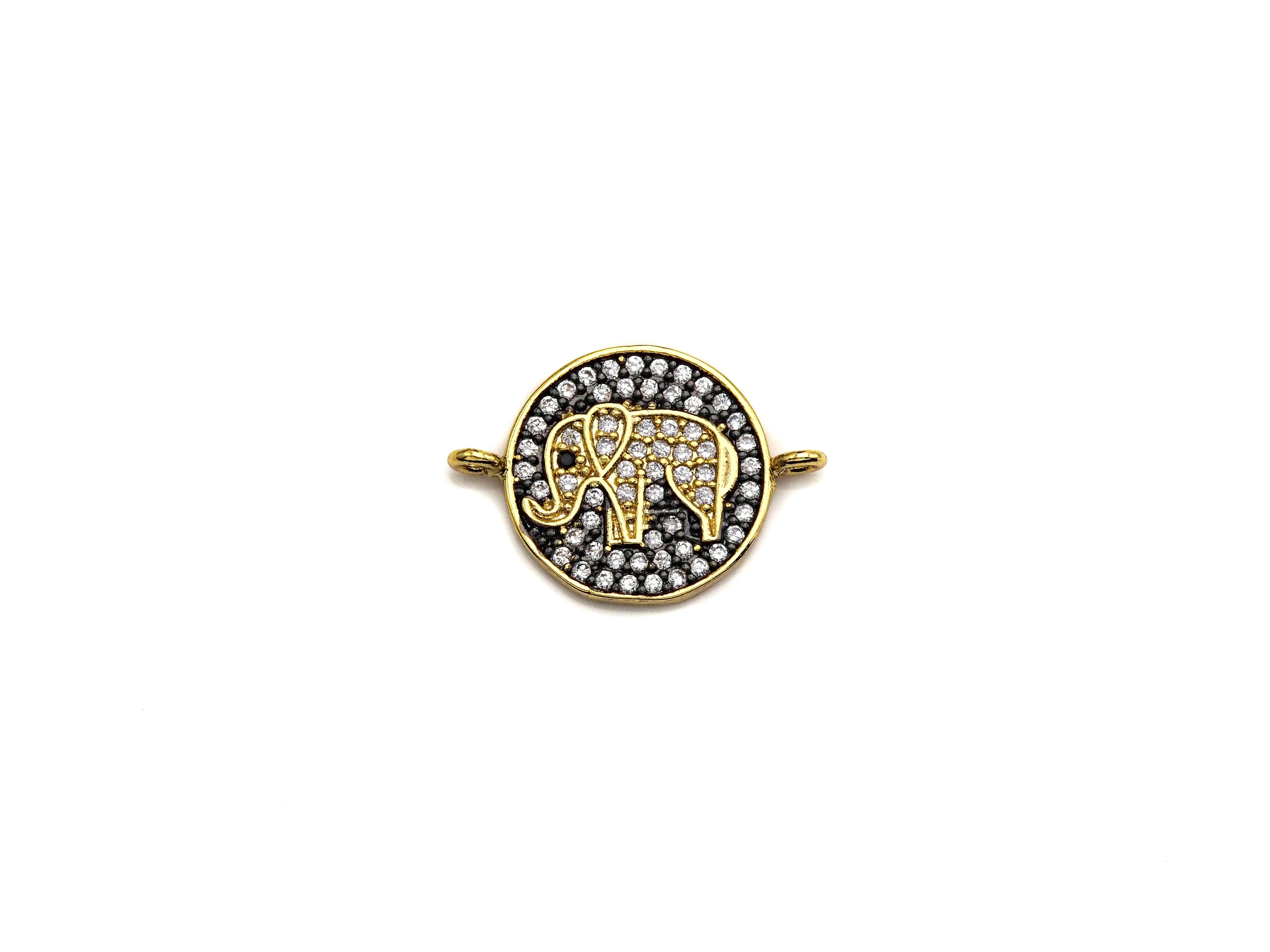 CZ Micro Pave Elephant On Round Coin Charm, Elephant Connector for Bracelet/Necklace, Space Connector Link, 15x21mm, sku#Z1064