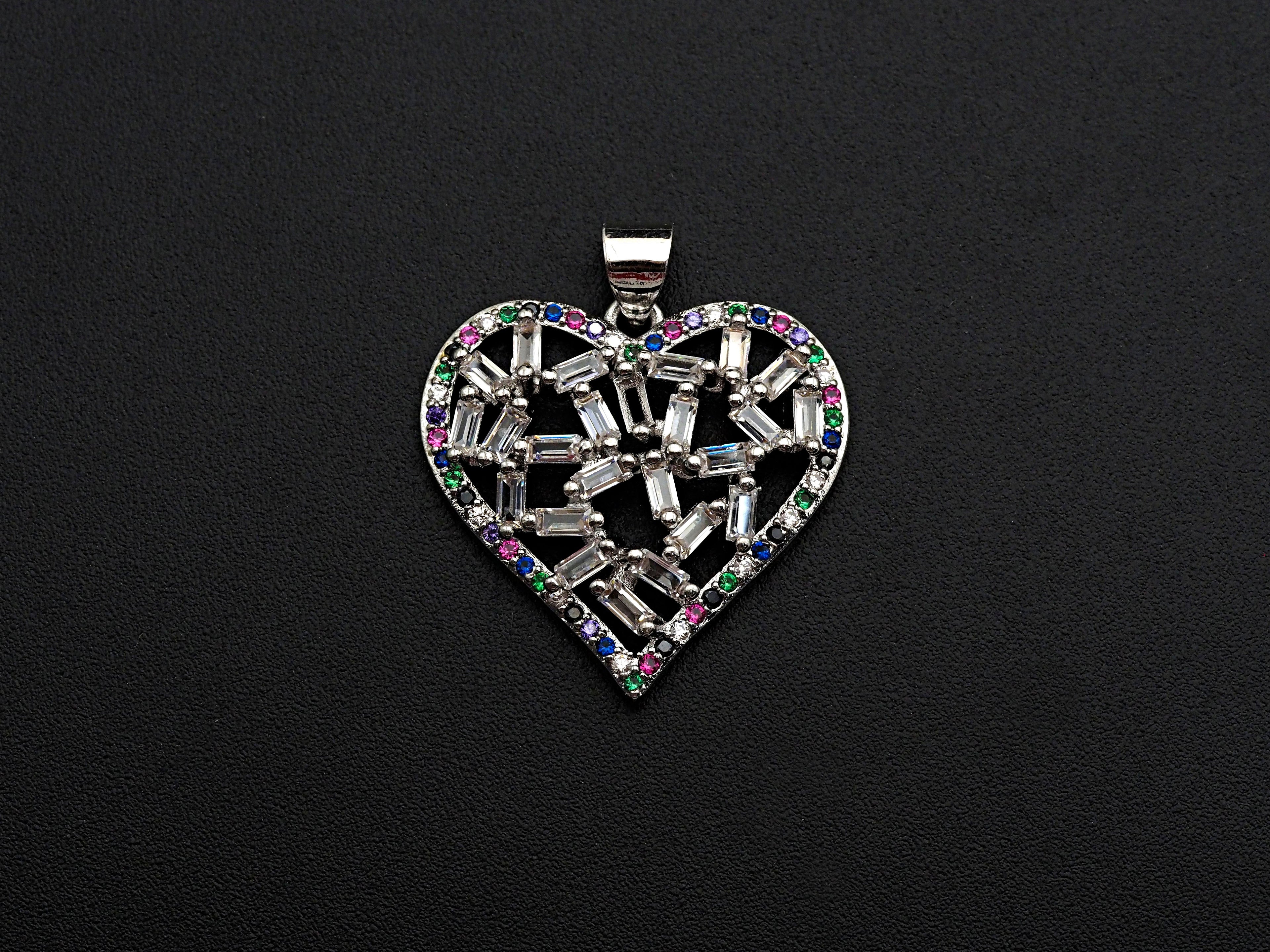 Bagette CZ Micro Pave Filigree Heart Pendant, Heart Shaped Pave Pendant, Gold/Rose Gold/Silver/Gunmetal plated, 28mm, Sku#FH44