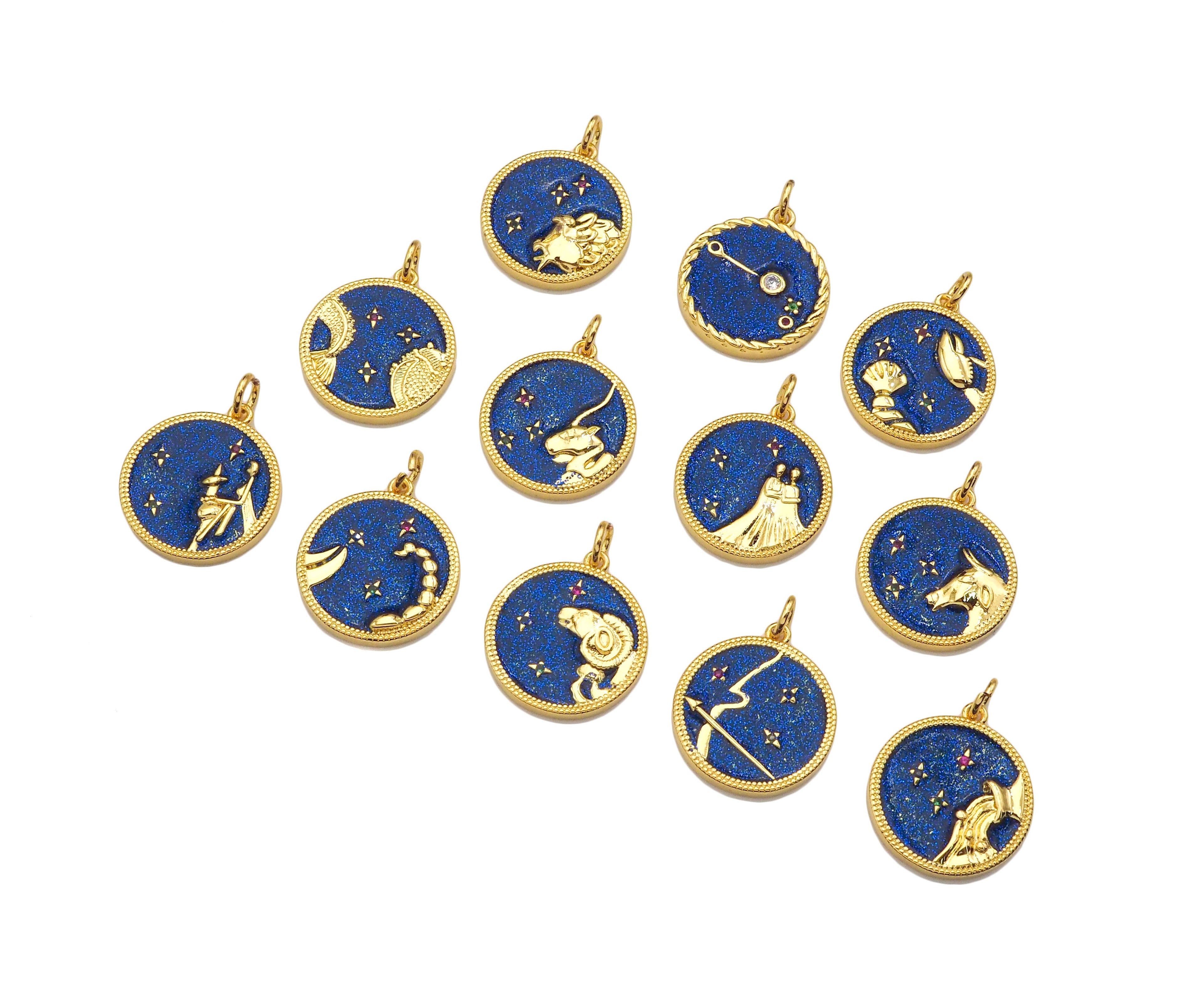 Gold Filled Cobalt Enamel Constellation Pattern On Round Coin Pendant,18K Gold Filled with Bling Effect Enamel Charm,19x17mm,Sku#F1402