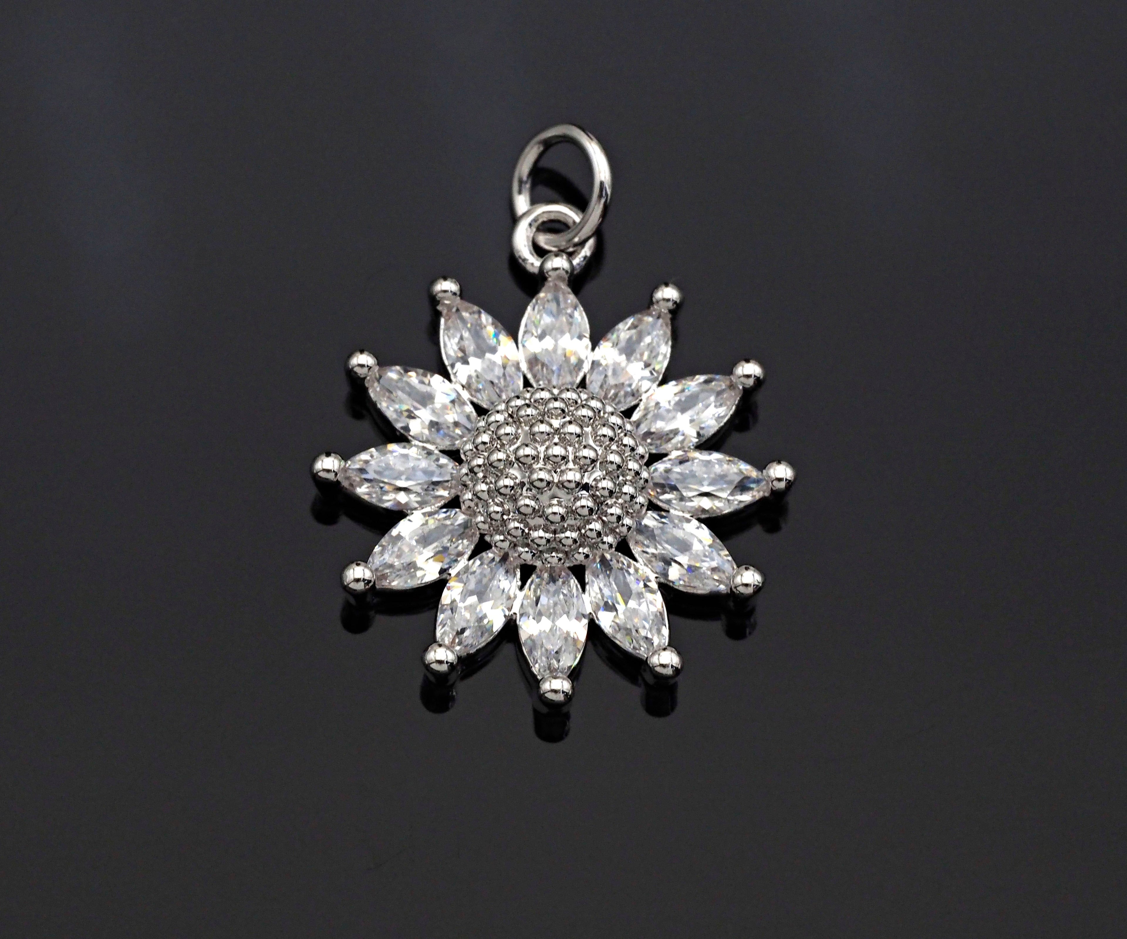 CZ Micro Pave Sunflower Pendant, Gold/Silver Plated Jewelry, sku#F1219C