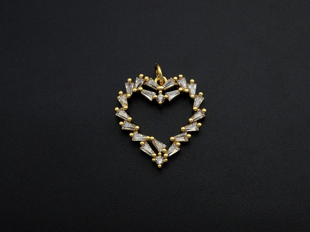 Bagette CZ Micro Pave Heart Shaped Pendant,Heart Cubic Zirconia Pendant, Gold Tone Heart, 22mm,Sku#F1112