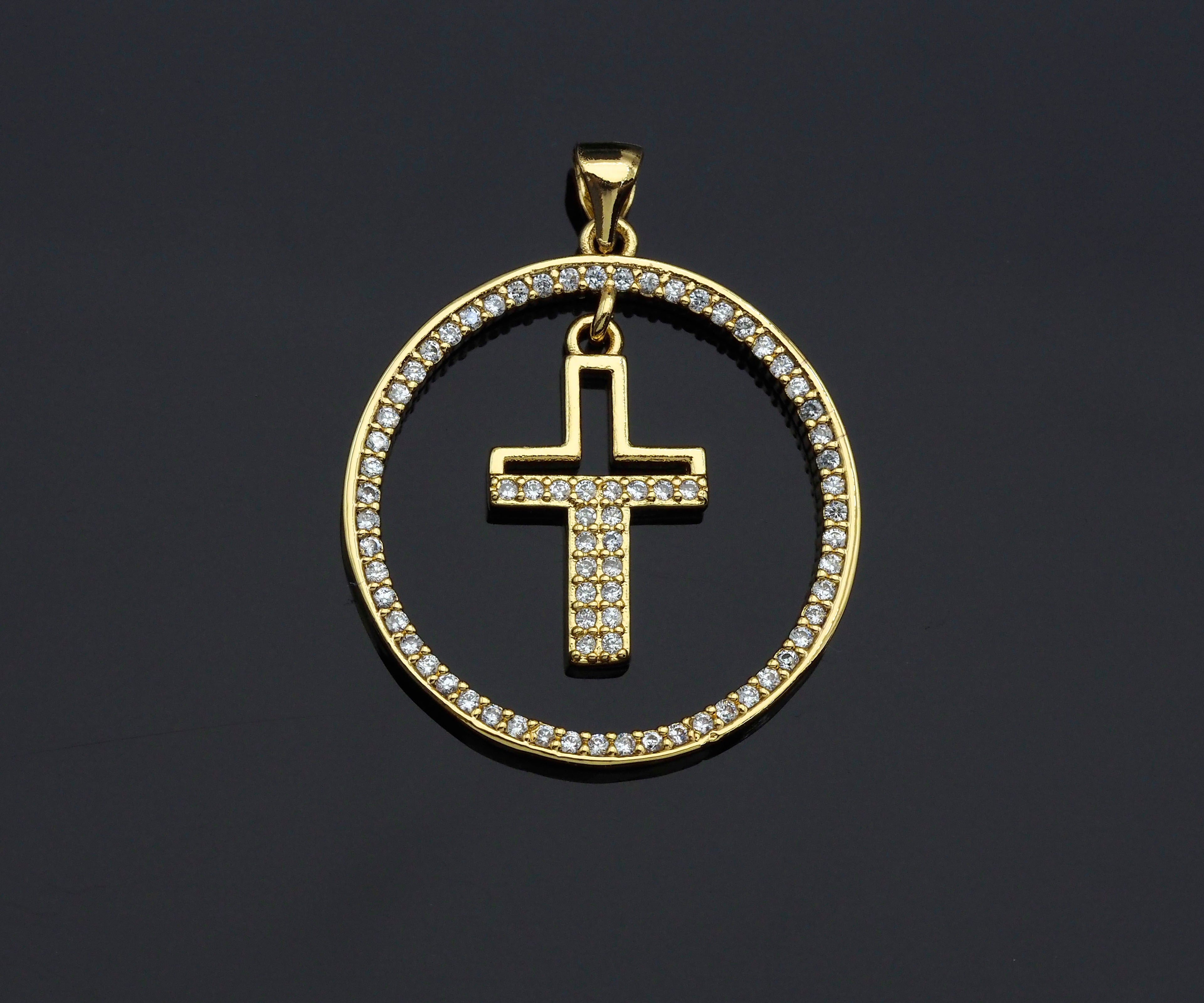 Clear CZ Micro Pave Cross Hanging in Round Ring Shape Pendant Charm, Cubic Zirconia Round Ring Cross Charm,27x30mm,sku#LK157