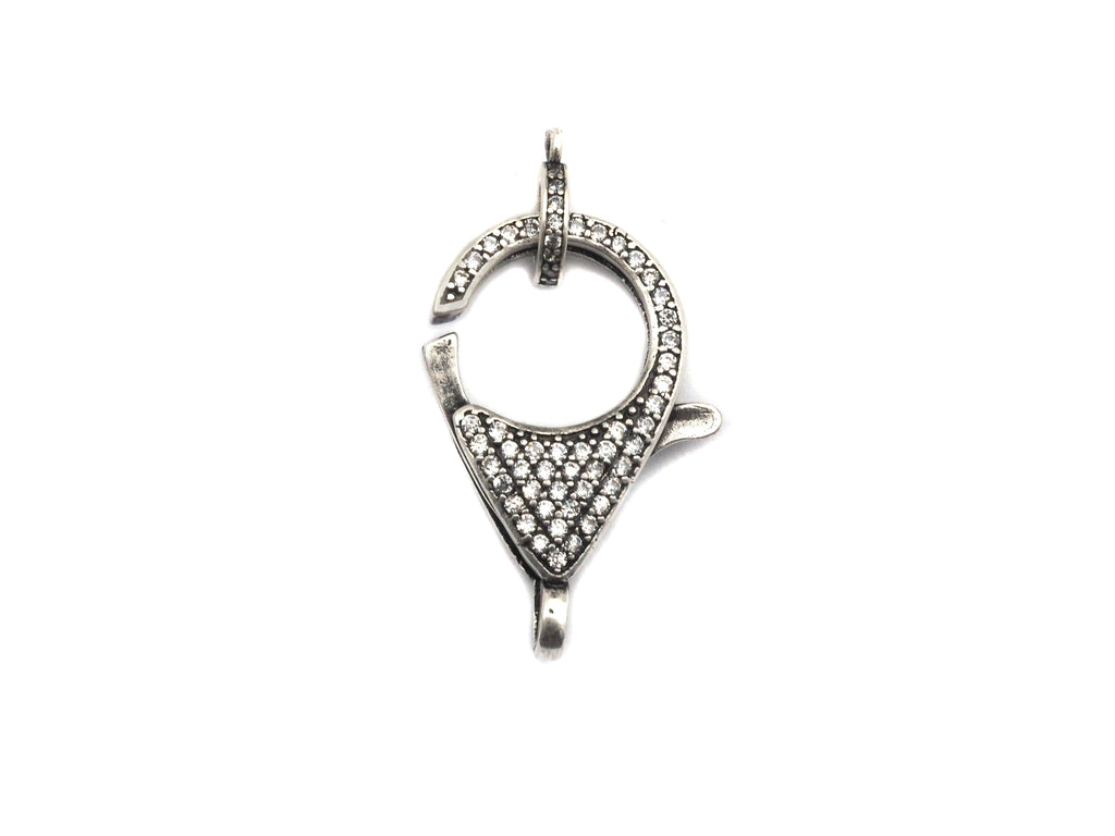 CZ Micro Pave Teardrop Lobster Claw Clasp, Cubic Zirconia Clasp, Antique Silver Plated Clasp, 18x26mm,sku#H173