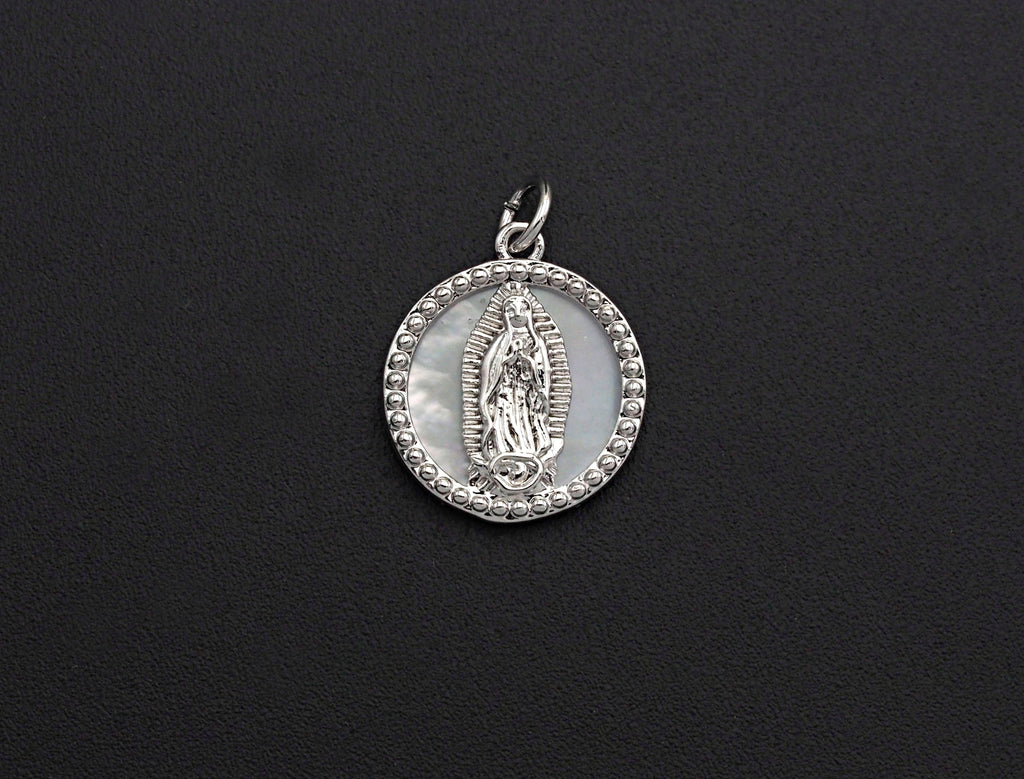 CZ Micro Pave Mary on Mother-of-pearl Coin Pendant/Charm, Cubic Zirconia Pendant Charm, Religious Charm, 15x18mm,sku#Z687